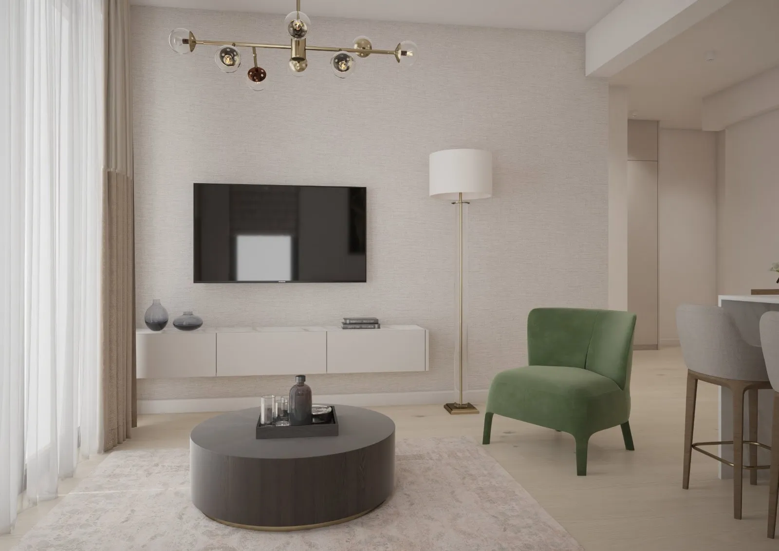 Modern living room with wall-mounted TV, green armchair, round coffee table, and chandelier.