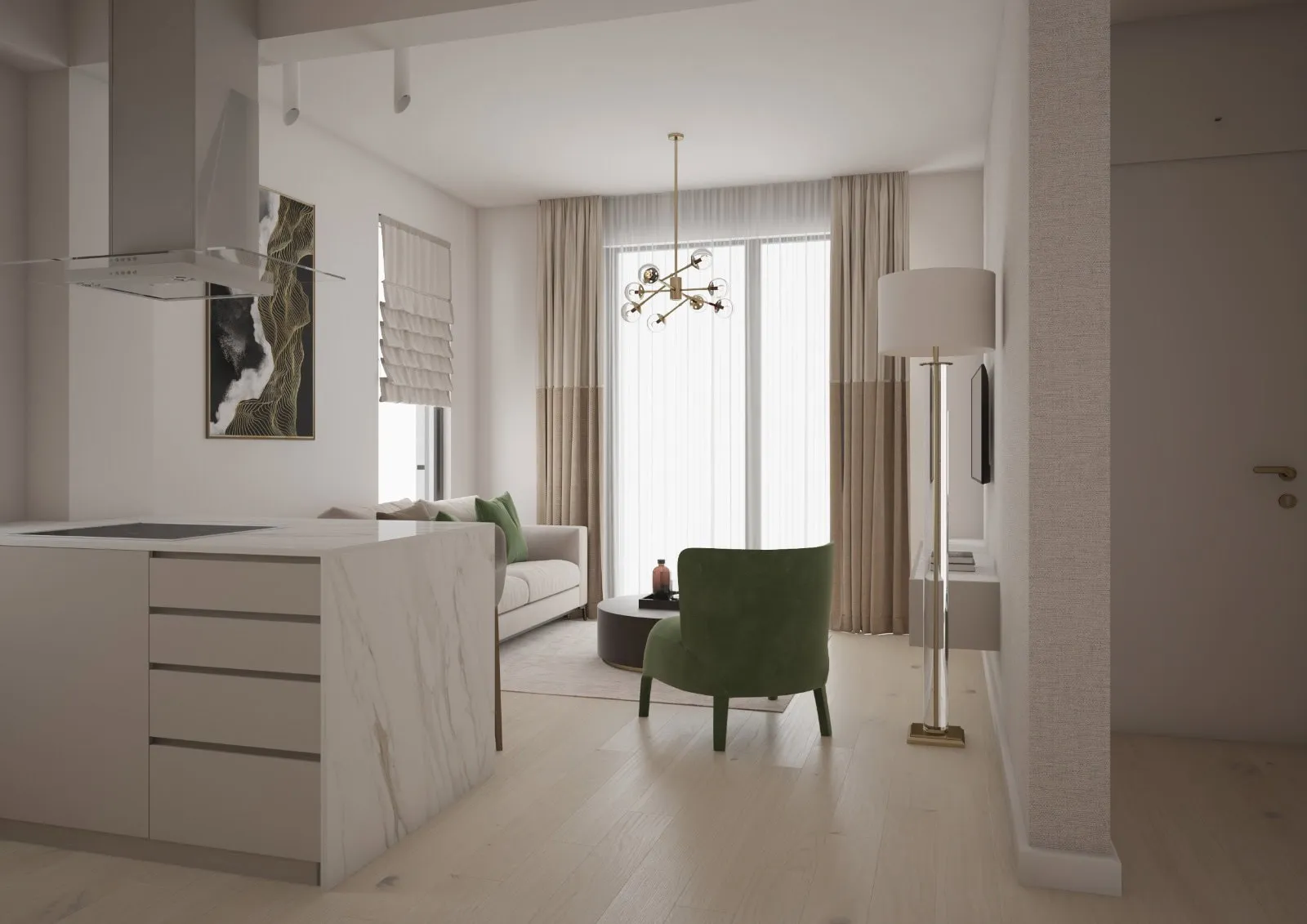 Modern open-plan living room with a kitchen island, white sofa, green velvet chair, and large window.