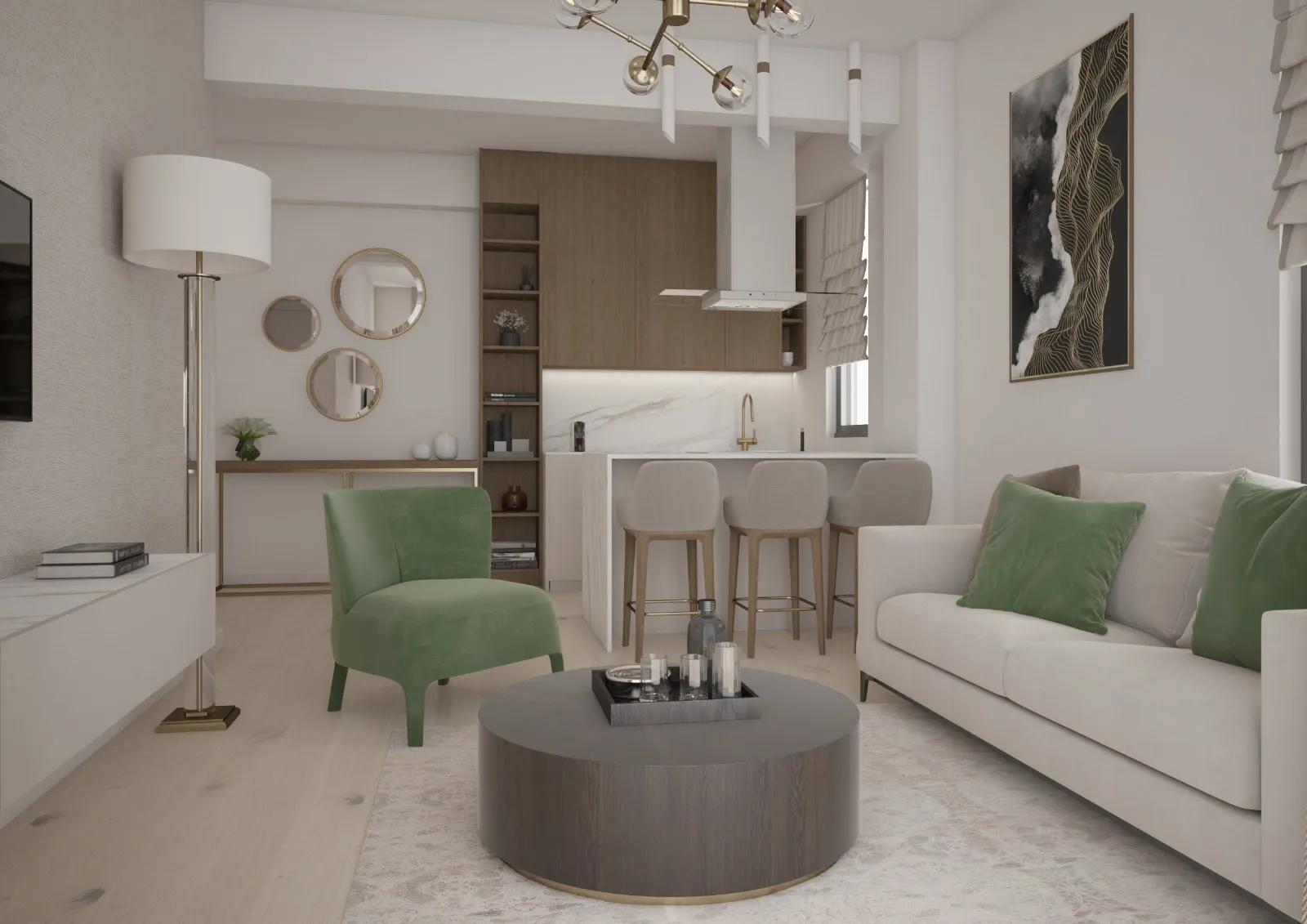 Modern living room with a beige sofa, green armchair, round coffee table, and open kitchen area in the background.