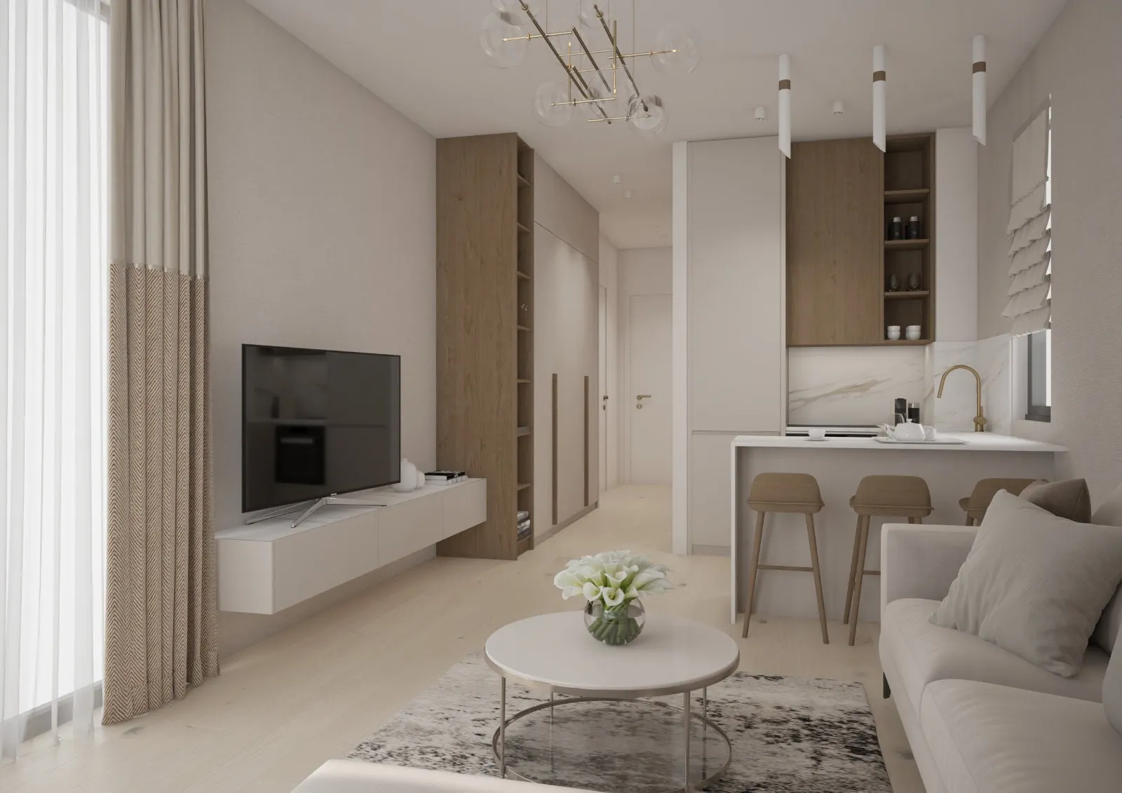 Modern living room with a sofa, TV, and open kitchen area featuring a breakfast bar.