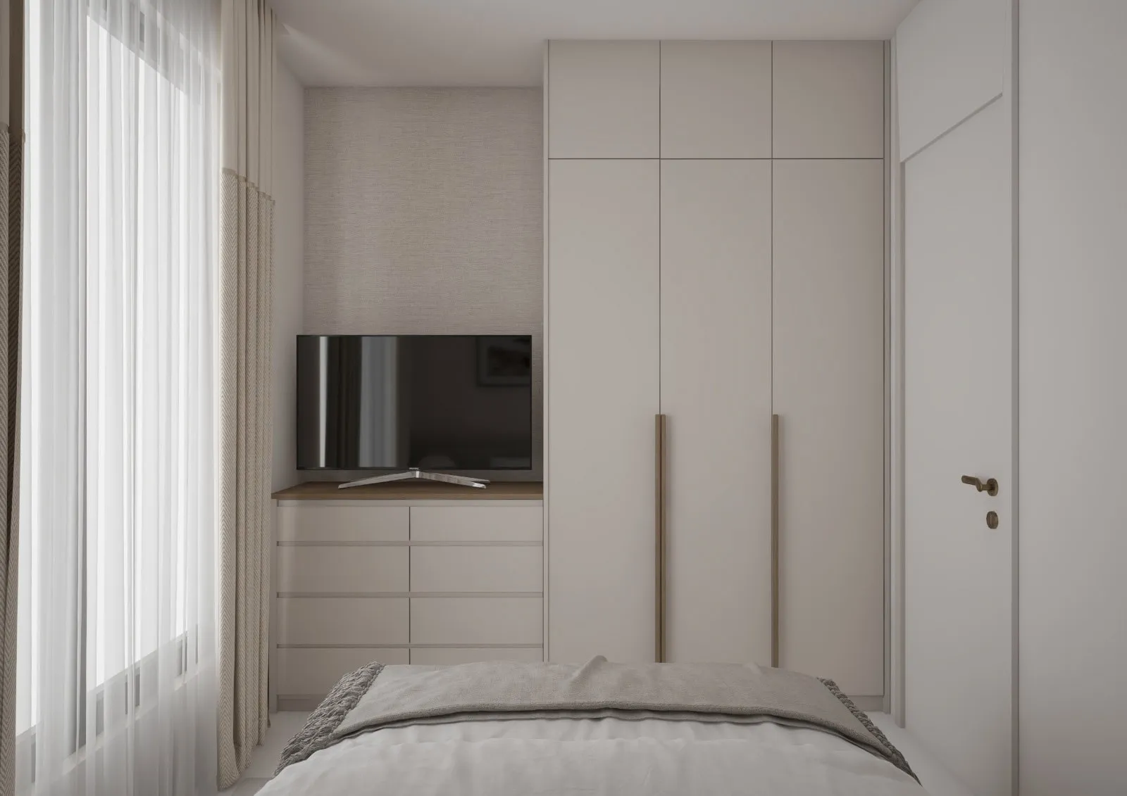Modern bedroom featuring a bed, built-in wardrobe, and TV on a dresser near a window with curtains.