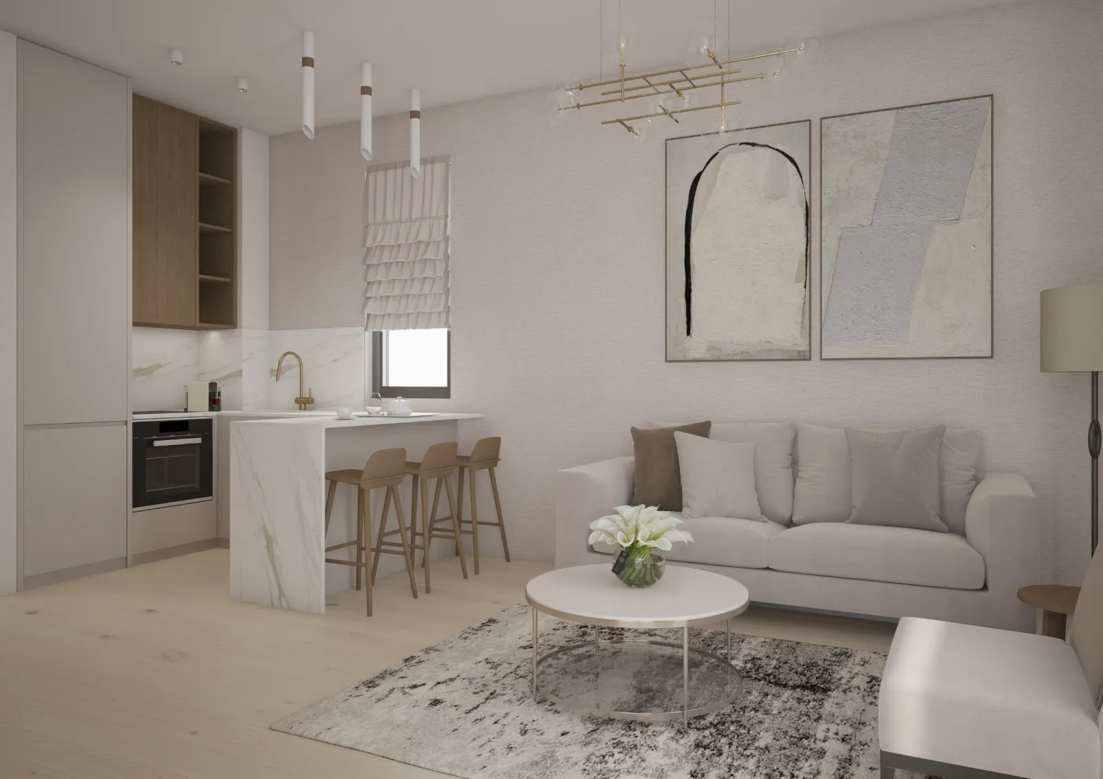 Modern living room with a sofa, coffee table, and open kitchen area featuring a marble bar counter.