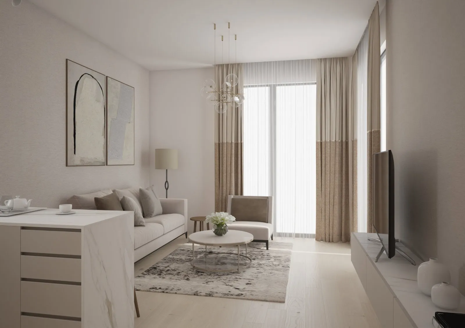 Bright modern living room featuring a beige sofa, round coffee table, TV unit, abstract wall art, and floor-to-ceiling curtains.