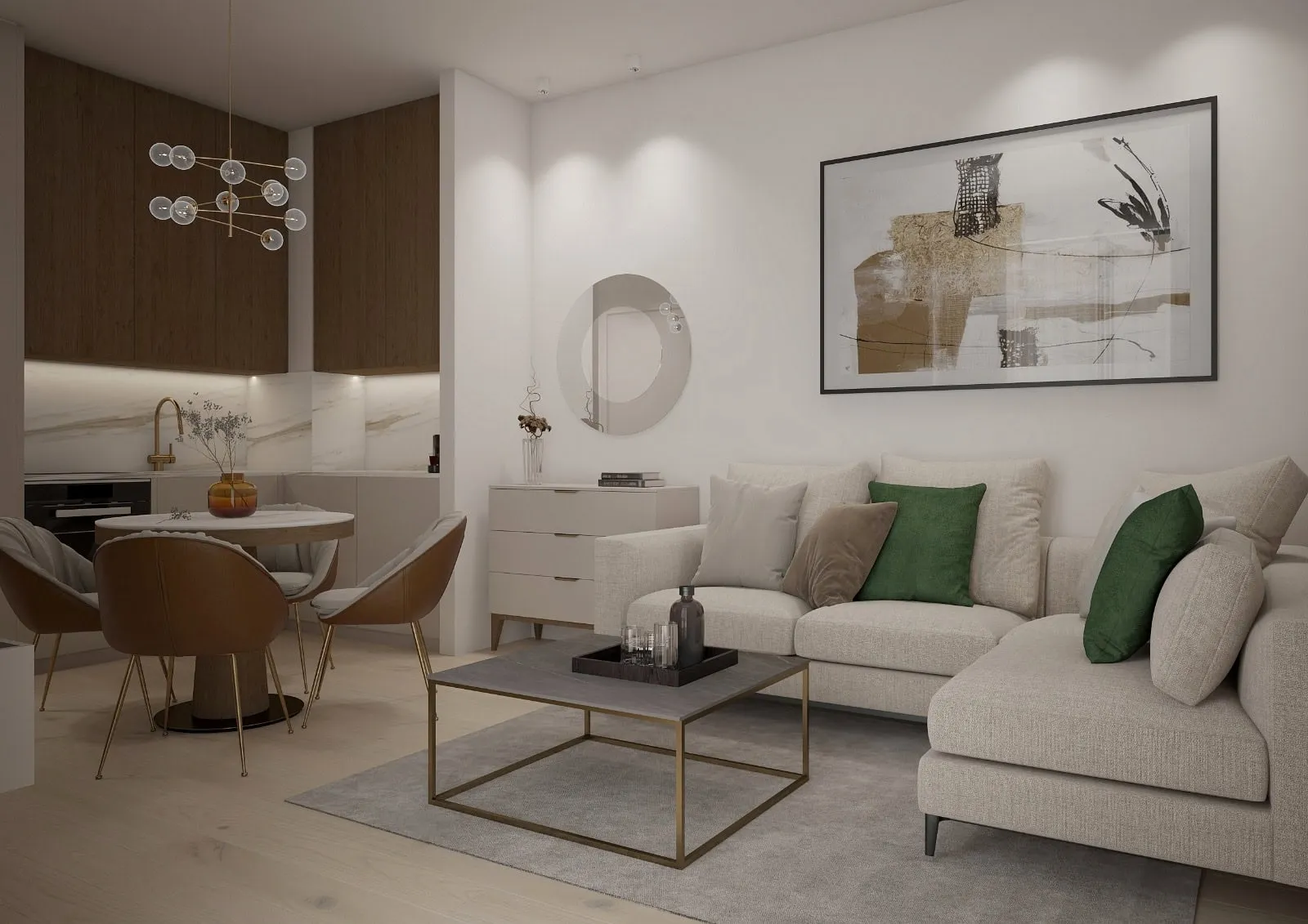 Modern living room featuring a beige sofa, coffee table, and an open kitchen area in the background.