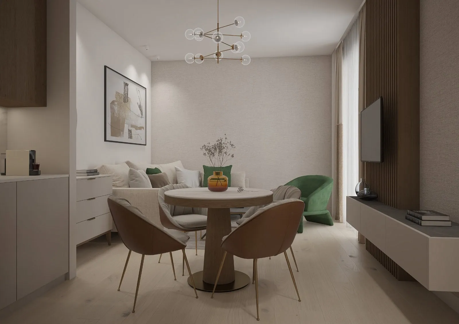 Modern living room featuring a round dining table, beige sofa, green armchair, and TV on a wood slat wall.