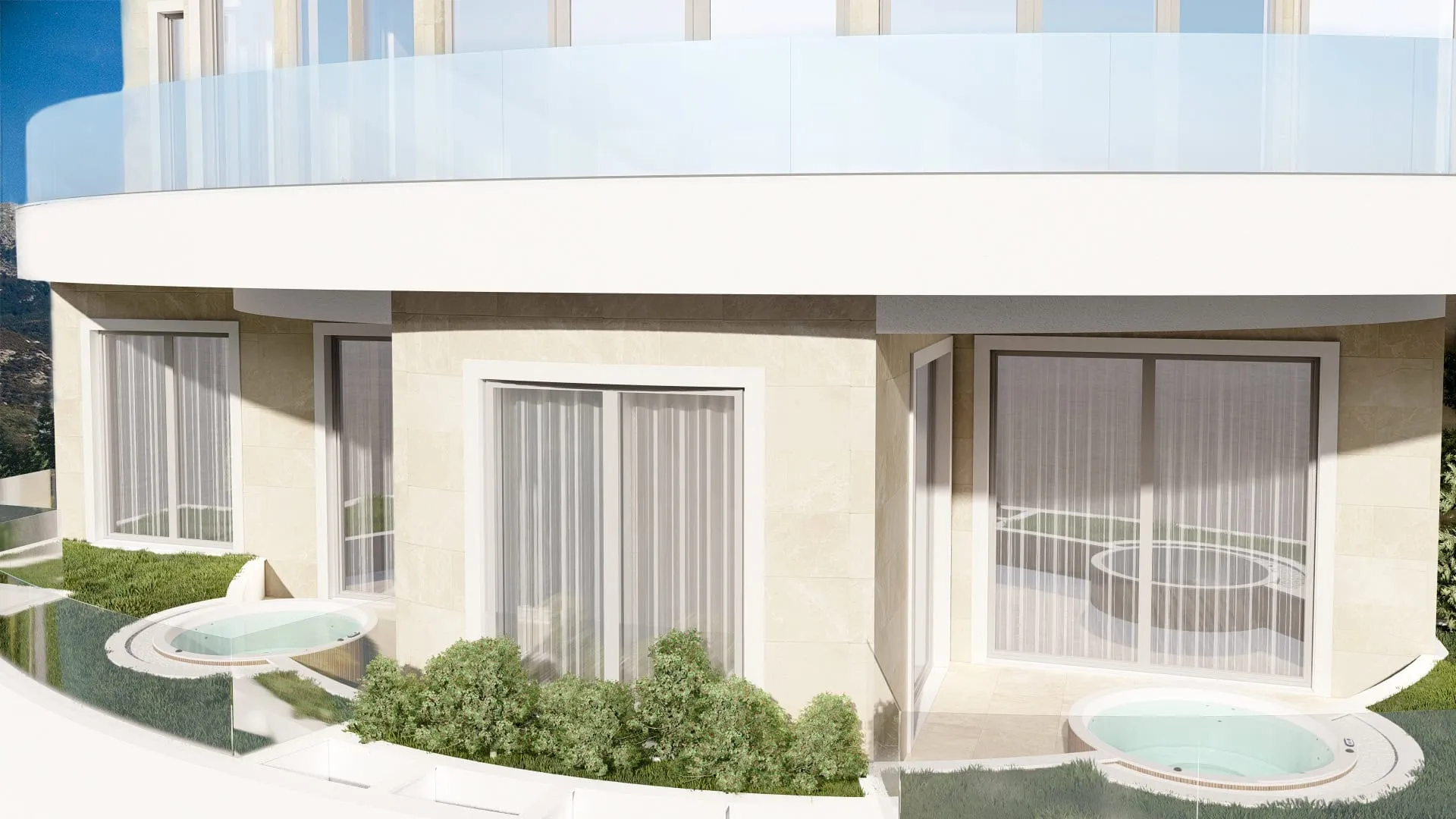 Building exterior featuring terraces, round hot tubs, glass railings, and beige stone walls.