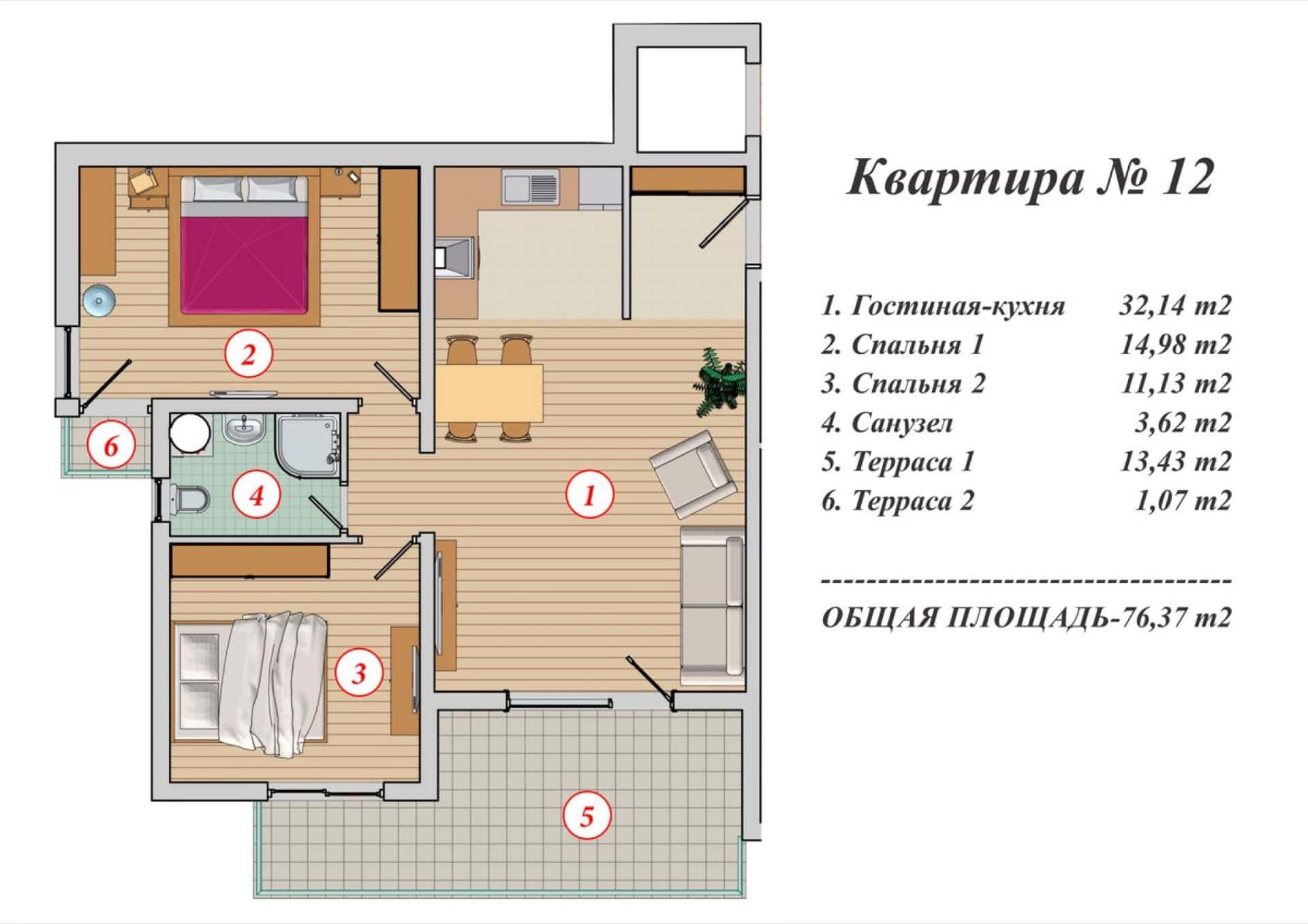 Apartment layout of 76 m² in Budva, Montenegro: living room with kitchen, two bedrooms, bathroom, and two terraces.