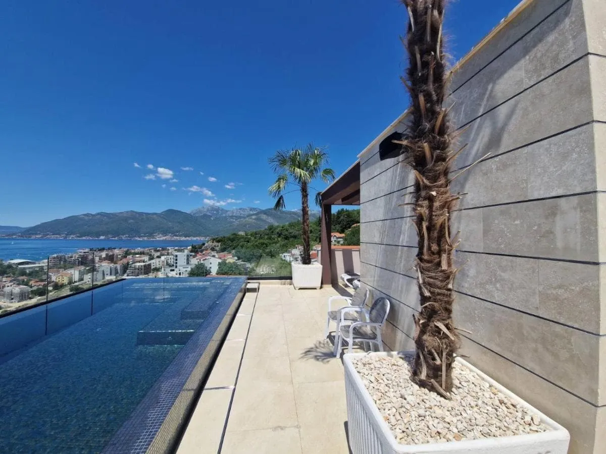 Rooftop infinity pool with sea and mountain views, palm trees in planters, and white chairs.