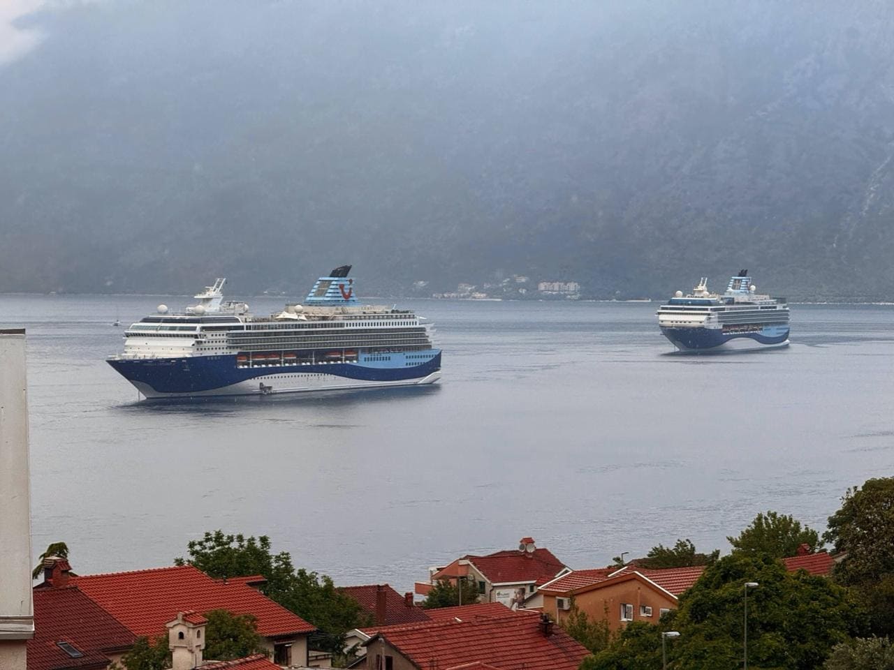Panoramic view of the Bay of Kotor and cruise ships from an apartment in Dobrota, Montenegro.