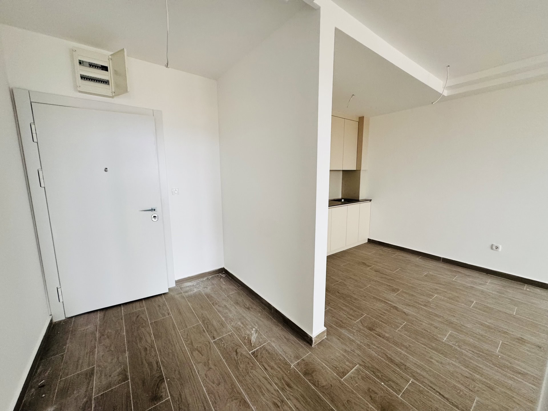 Living room with kitchen area in a new apartment in Bečići, Montenegro: light finishes, wood-look tile flooring, entrance door.