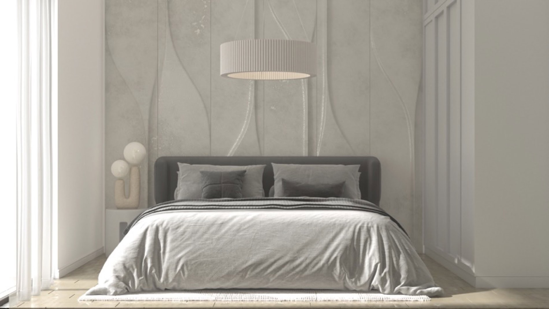 Modern bedroom with a designer wall in a residential complex in Muo, Montenegro: double bed, stylish lamp, and decor.