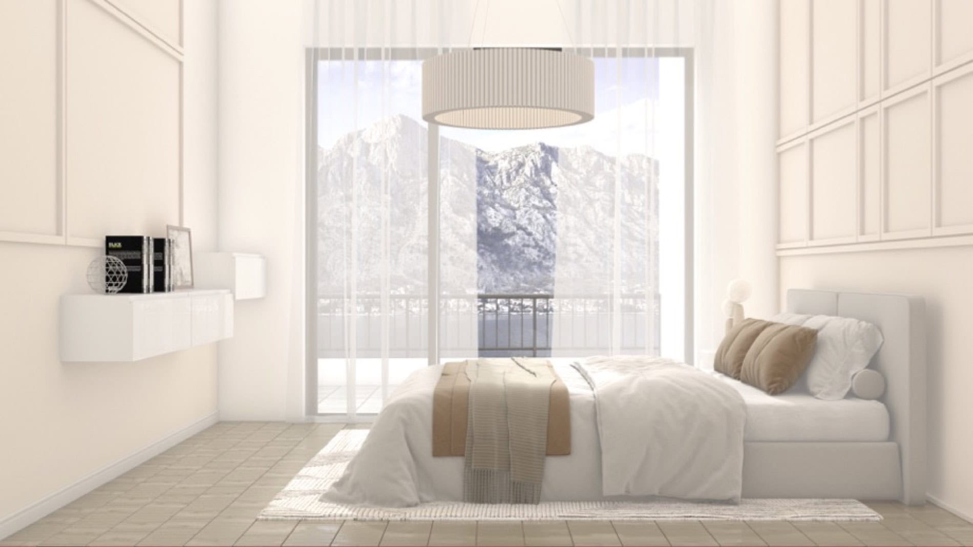 Bright bedroom in a residential complex in Muo, Montenegro: modern furniture, panoramic window with mountain and sea views.