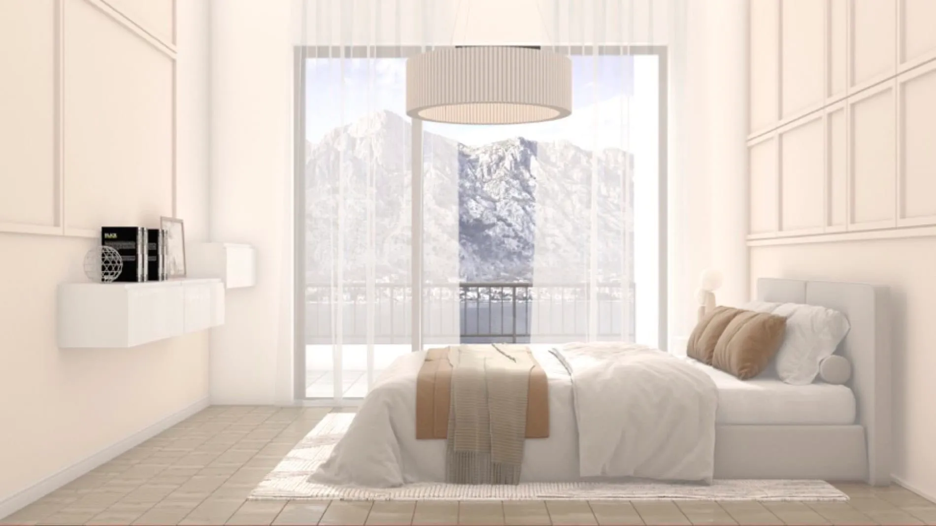 Bright bedroom with a white bed, floating shelf, and large window offering a scenic mountain view.