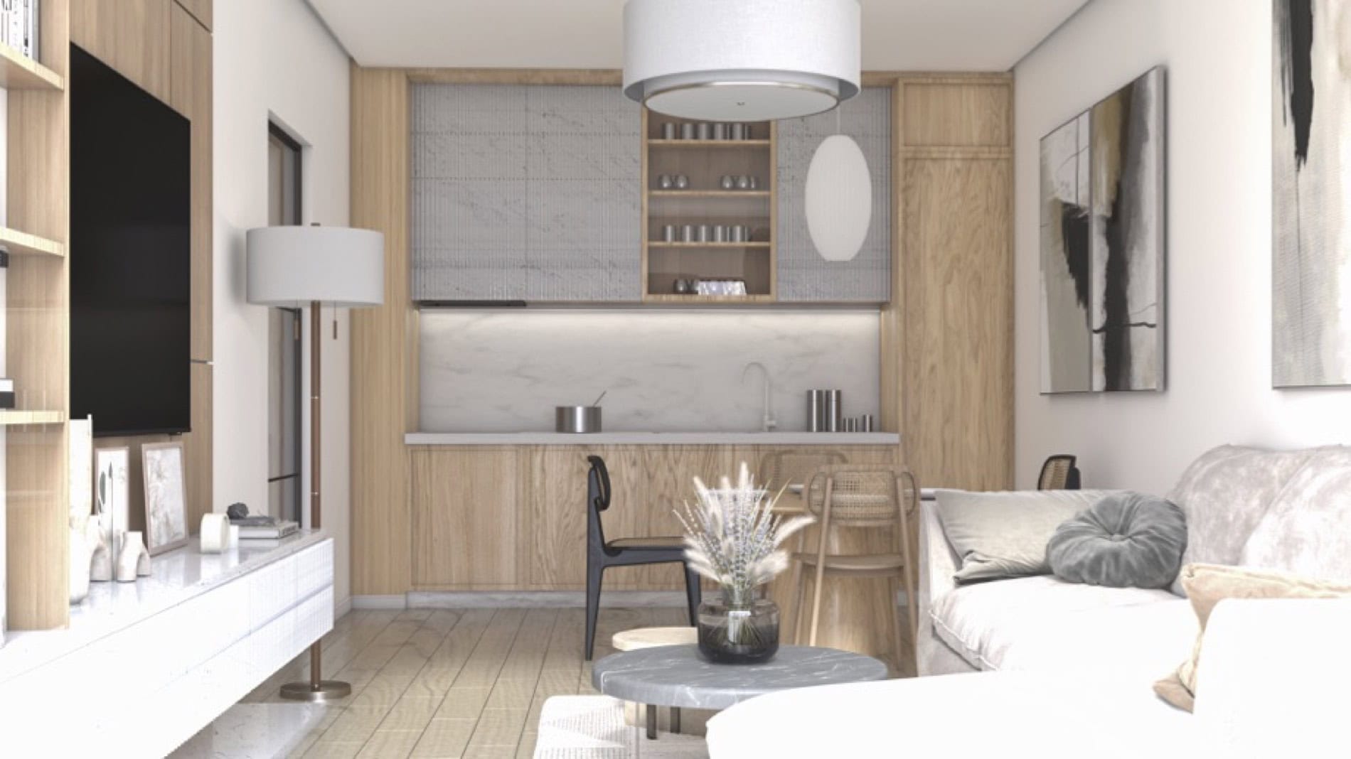 Modern living room with kitchen in light tones in Muo residential complex, Montenegro: wood finishes, a soft sofa, and stylish decor.