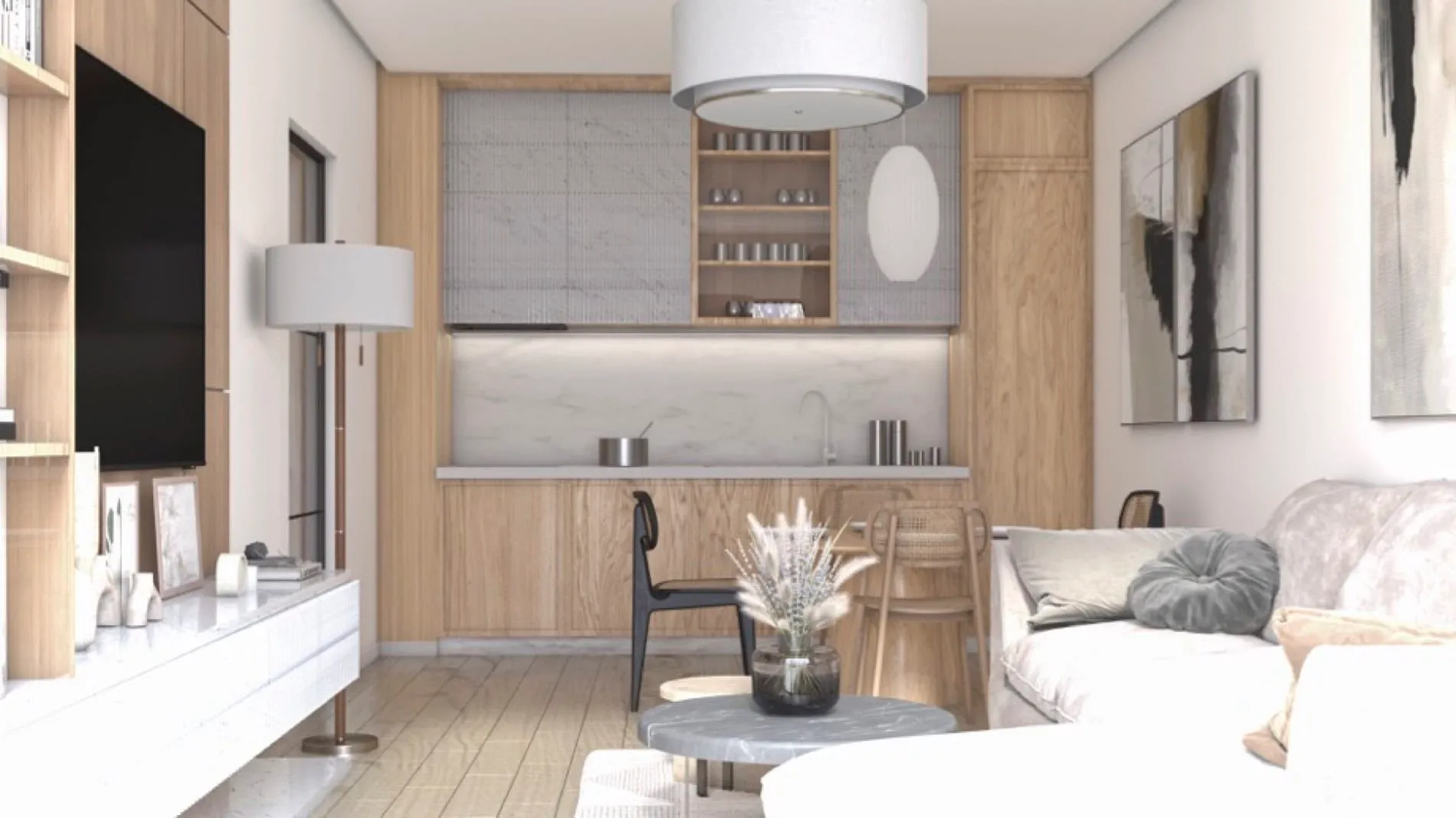 Modern studio with a sofa, TV unit, and compact kitchen area visible in the background.