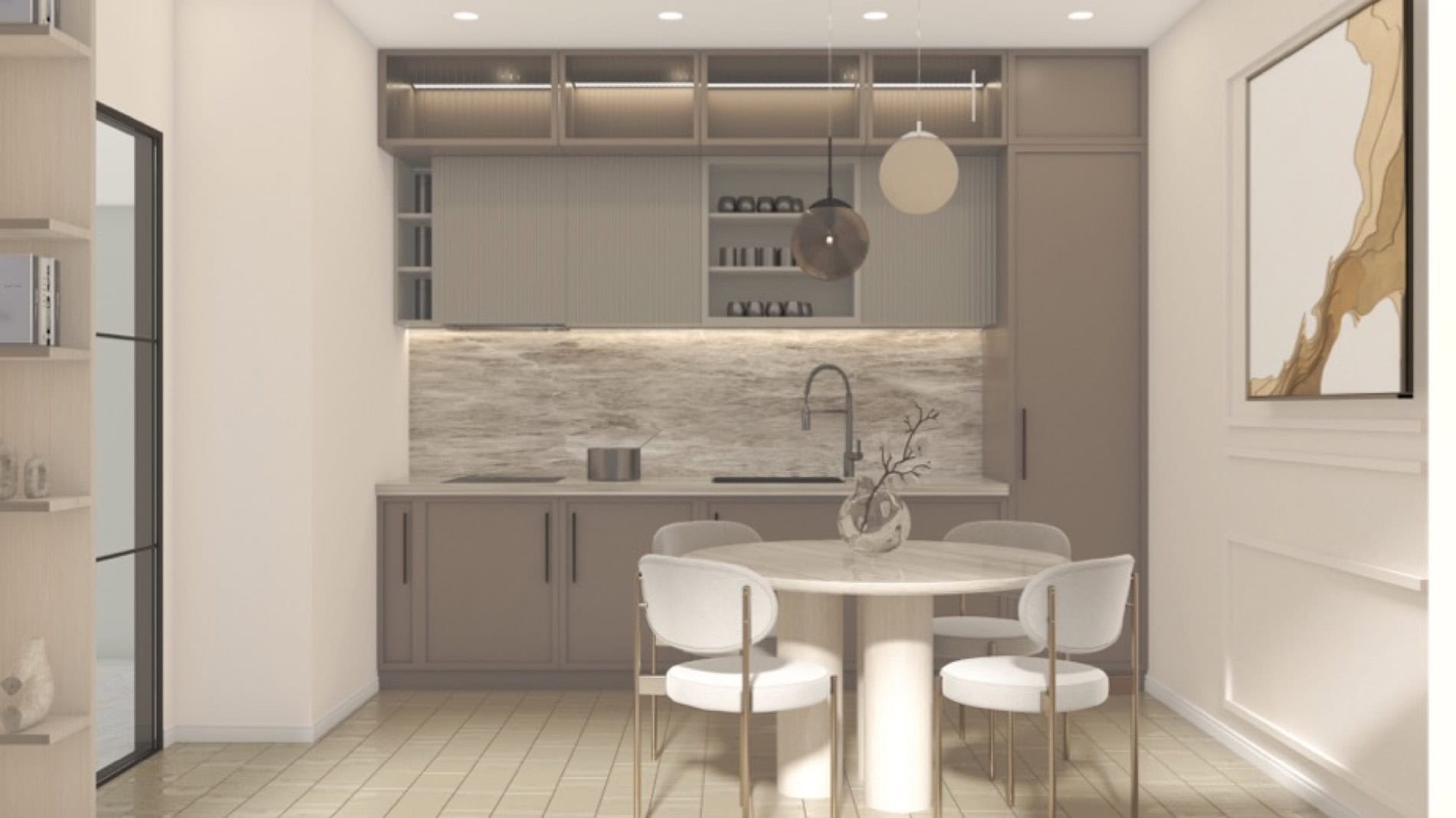 Modern kitchen with dining area in Muo residential complex, Montenegro: beige cabinets, marble backsplash, and a round table.