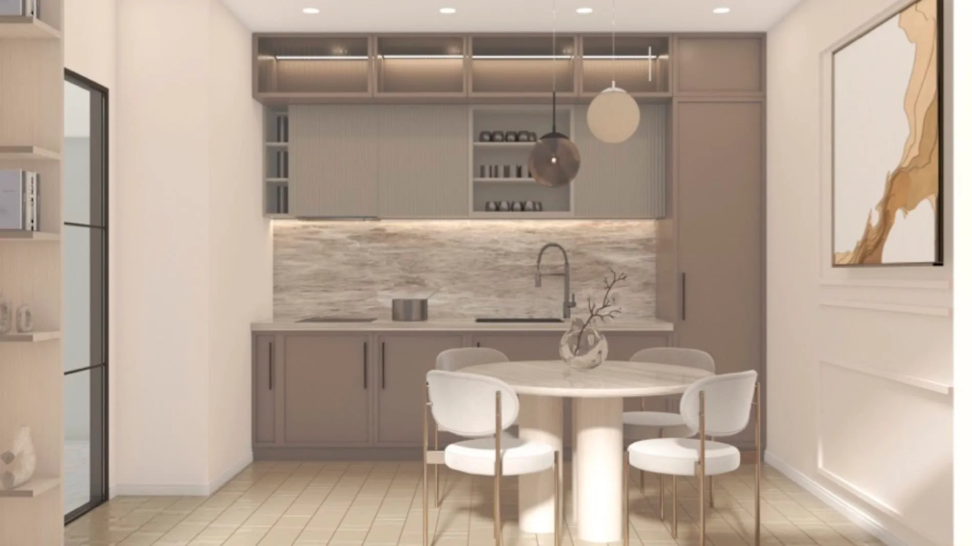 Modern kitchen featuring grey cabinetry, stone backsplash, sink, and a round dining table with white chairs.