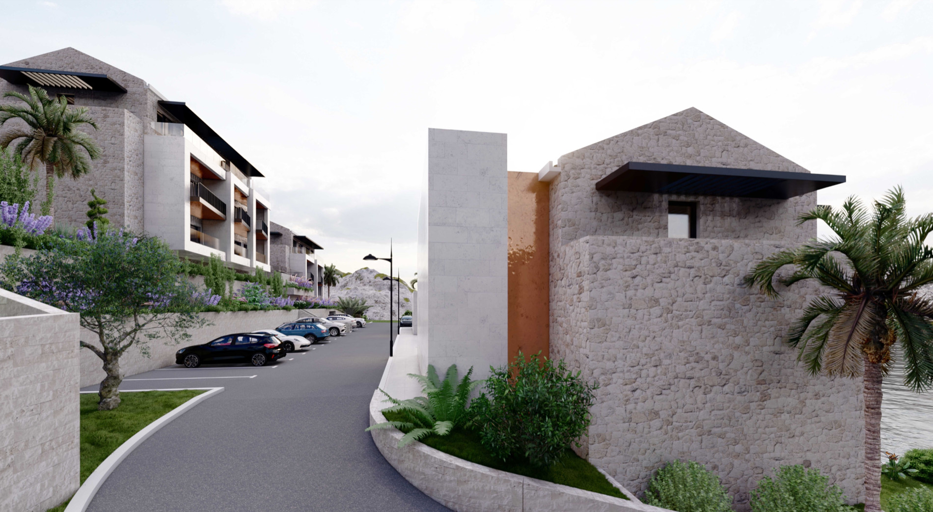 Modern residential complex in Muo, Montenegro: stone facade finishes, parking, and landscaping with palm trees.