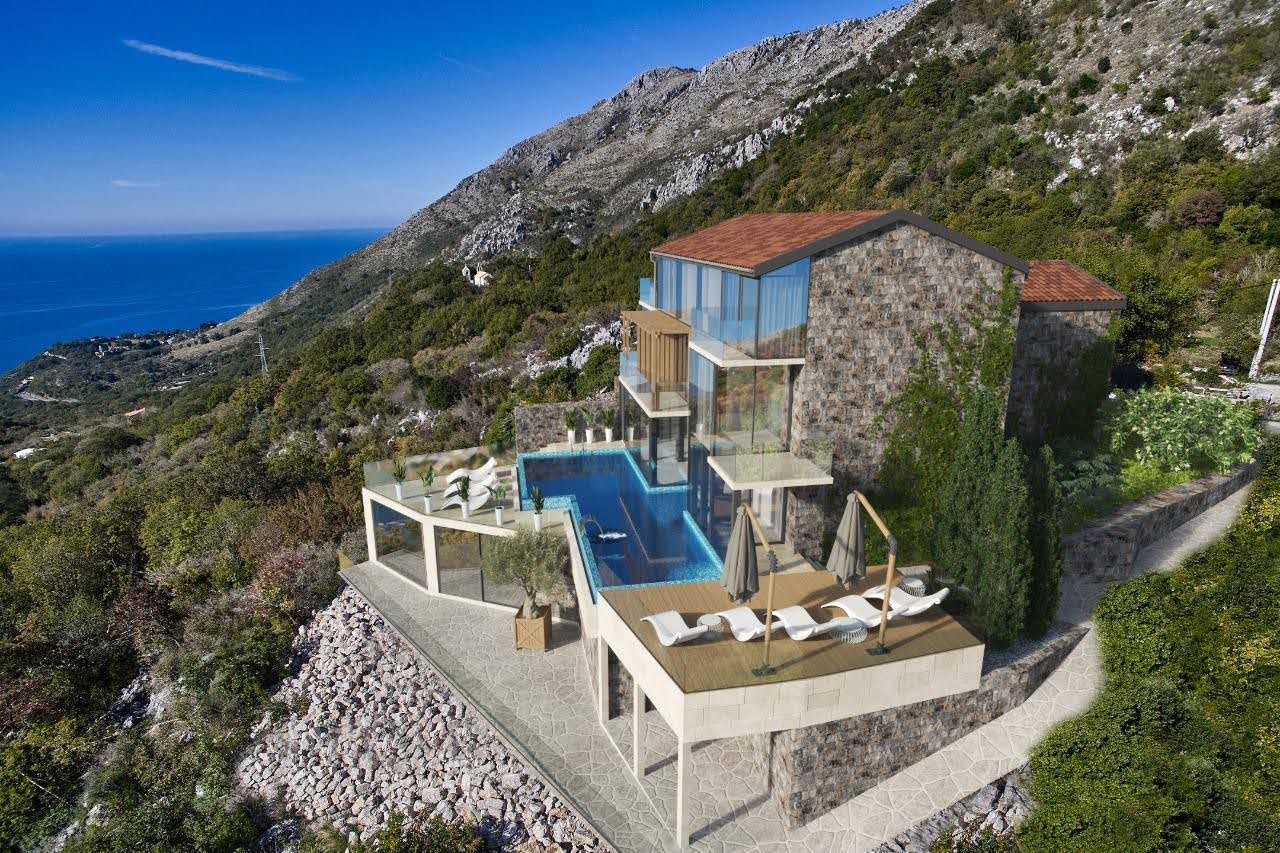 Modern villa in Petrovac, Montenegro: stone cladding, panoramic windows, a swimming pool, and a terrace with sea views.
