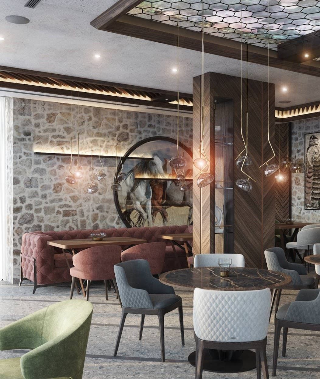 Villa restaurant interior in Petrovac, Montenegro: stone walls, designer furniture, and stylish lighting.