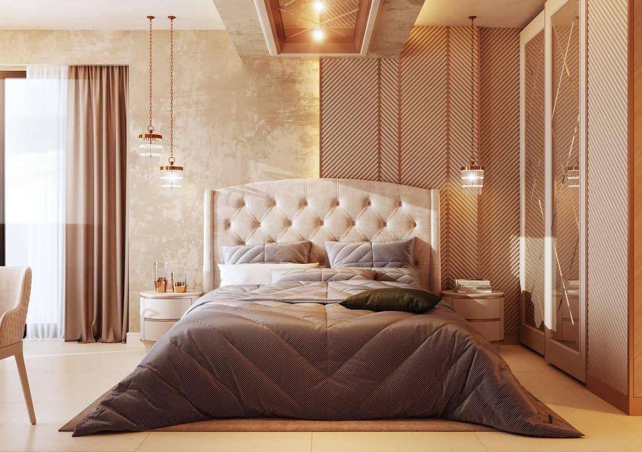Interior of a modern bedroom in a villa in Petrovac, Montenegro: double bed, designer decor, and lighting.