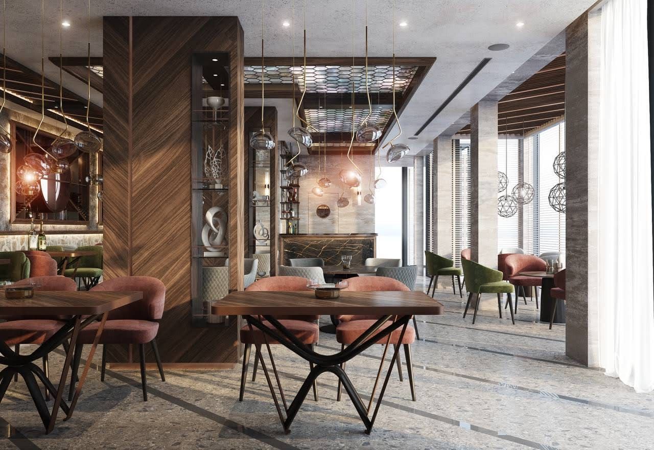 Interior of the villa restaurant in Petrovac, Montenegro: designer furniture, wood finishes, and panoramic windows.