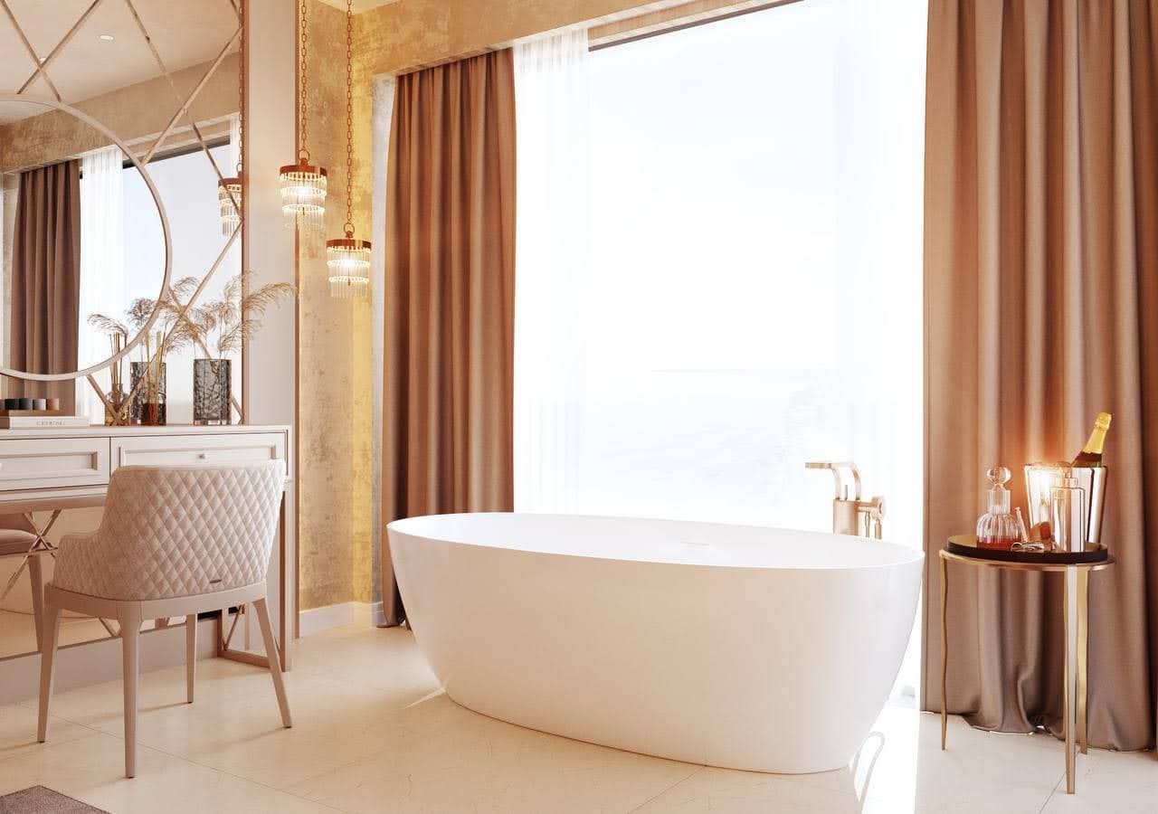 Luxurious bathroom with a freestanding bathtub in a villa in Petrovac, Montenegro: stylish interior and panoramic windows.