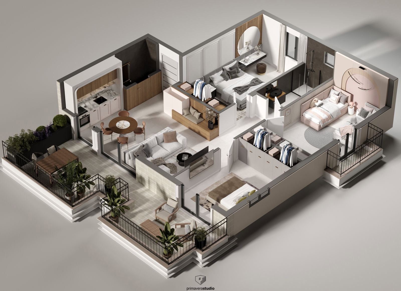 3D floor plan of a modern apartment in Dobrota, Montenegro: three bedrooms, a living room, kitchen, and a furnished terrace.