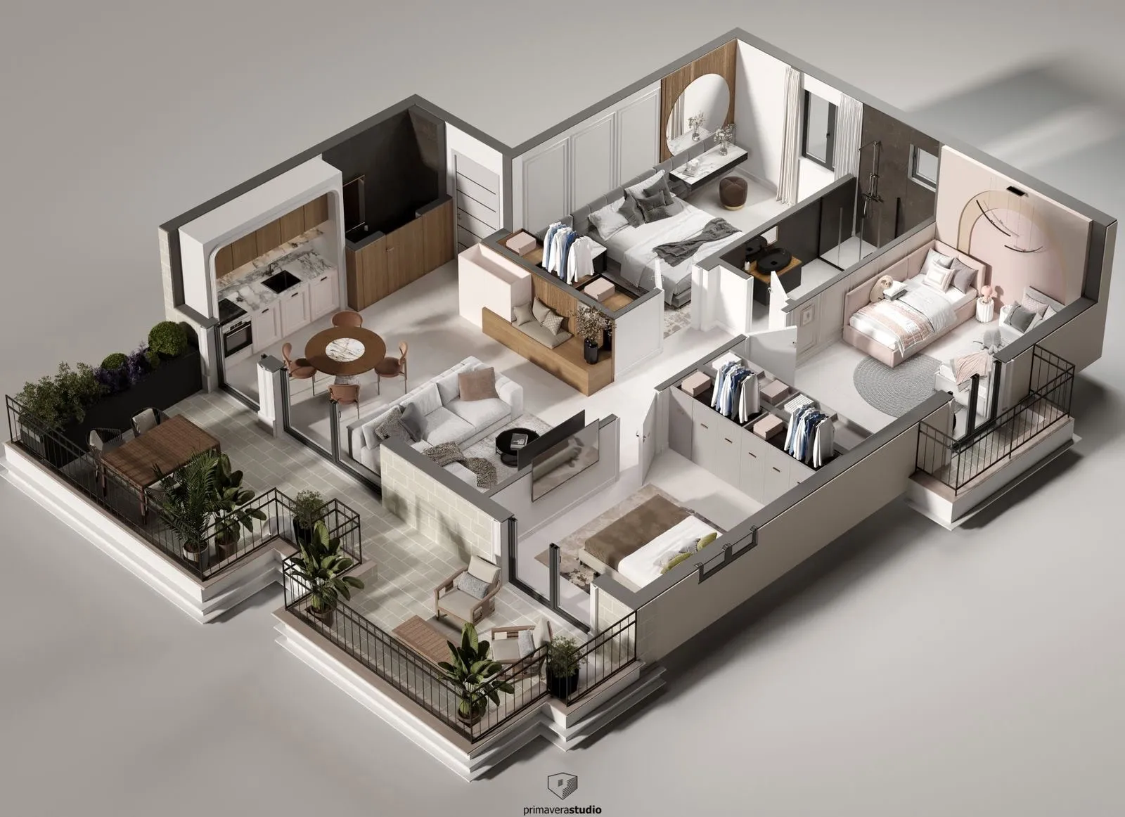 3D isometric floor plan showing bedrooms, kitchen, living room, and balcony in one view.