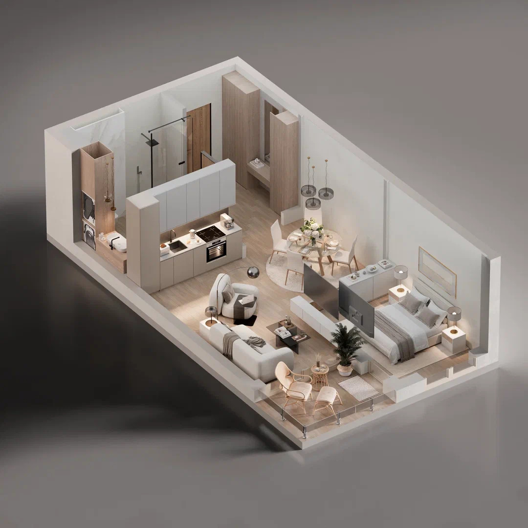 3D layout of a studio apartment in the Bečići residential complex, Montenegro: modern kitchen, sleeping area, living room, and terrace.