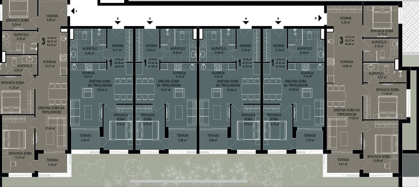 Floor plan of a residential complex in Bečići, Montenegro: a detailed layout of apartments with terraces, kitchens, and bedrooms.