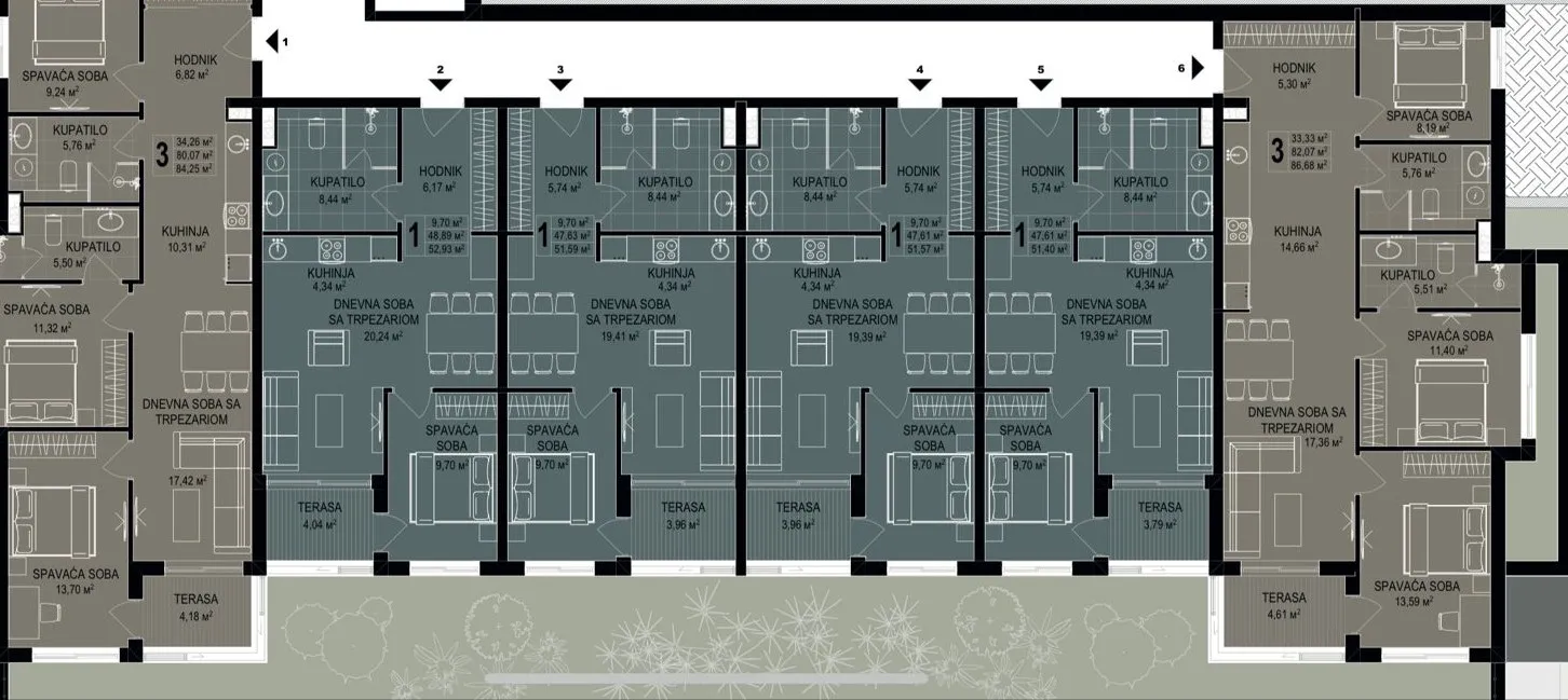Architectural floor plan showing apartment layouts with bedrooms, kitchens, and terraces.