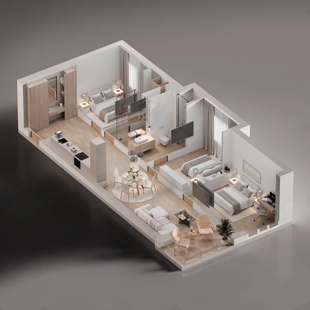 3D floor plan of an apartment in the Bečići residential complex, Montenegro: two bedrooms, kitchen-living room, modern design, and light-colored furniture.