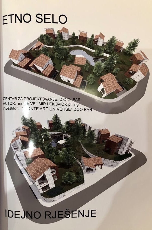Architectural project of an ethno-village with houses and a swimming pool in Bar, Montenegro: site development visualization.