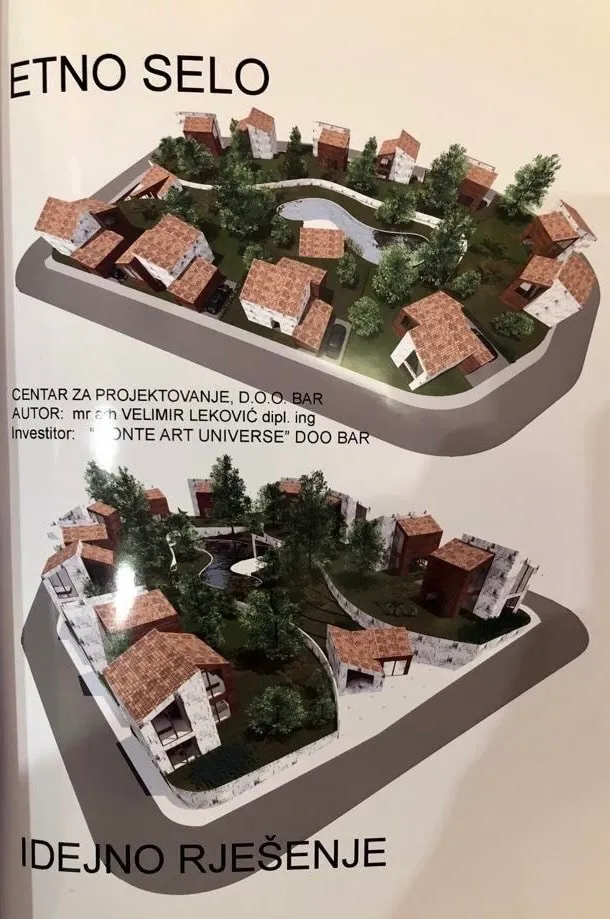 Architectural scale model of an ethno village showing houses and landscape design.