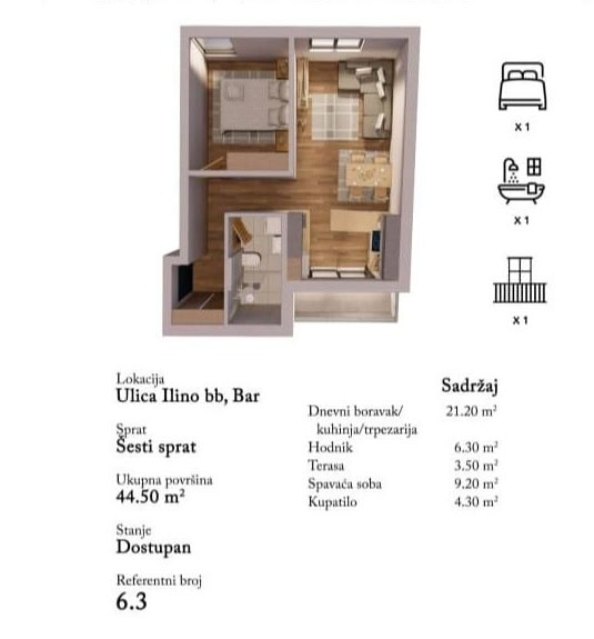 Apartment layout of 44.5 m² in Bar, Montenegro: bedroom, living room with kitchen, bathroom, and terrace on the 6th floor.