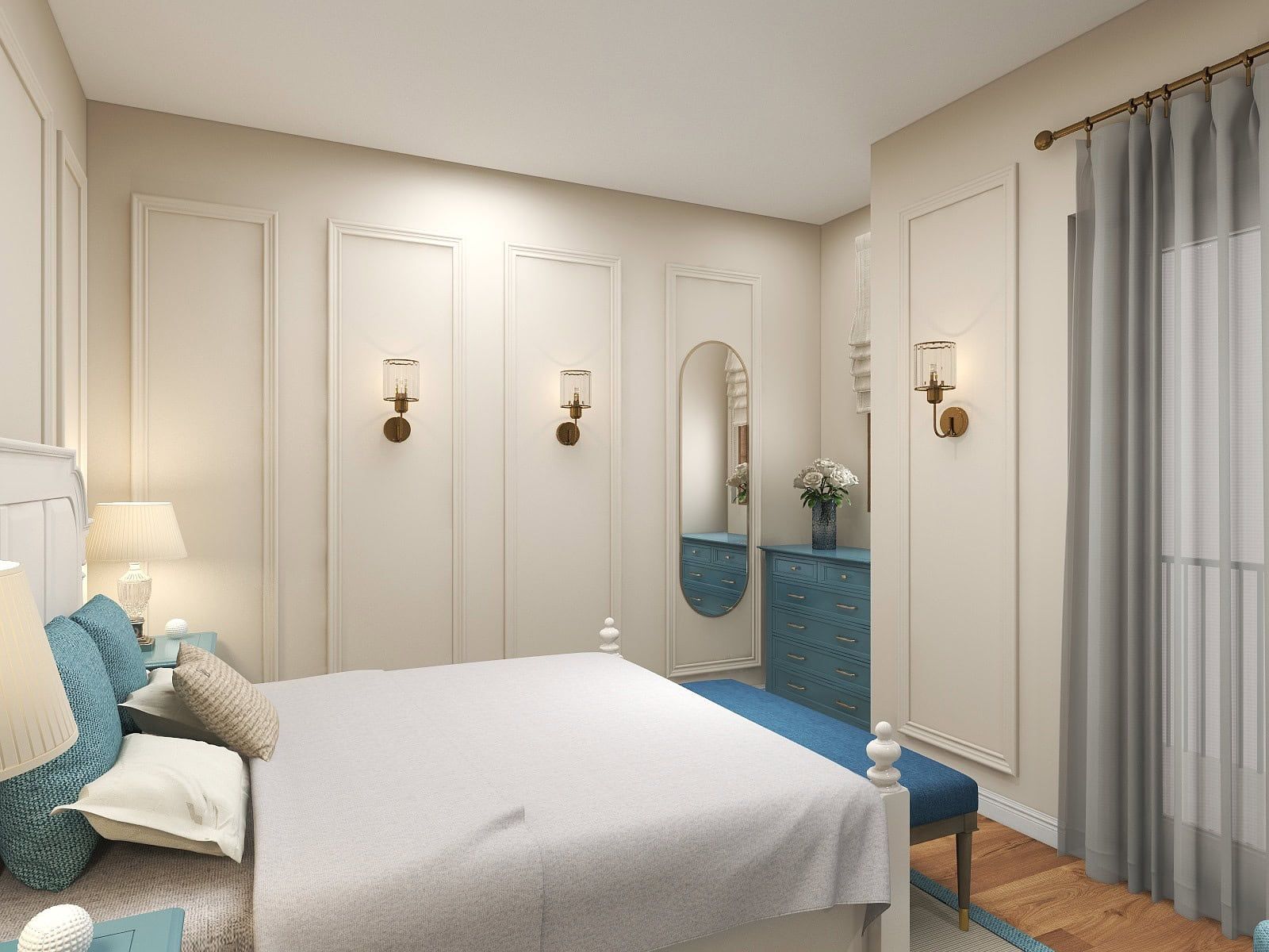 Bright classic-style bedroom with blue furniture in Risan residential complex, Montenegro: double bed, dresser, and mirror.