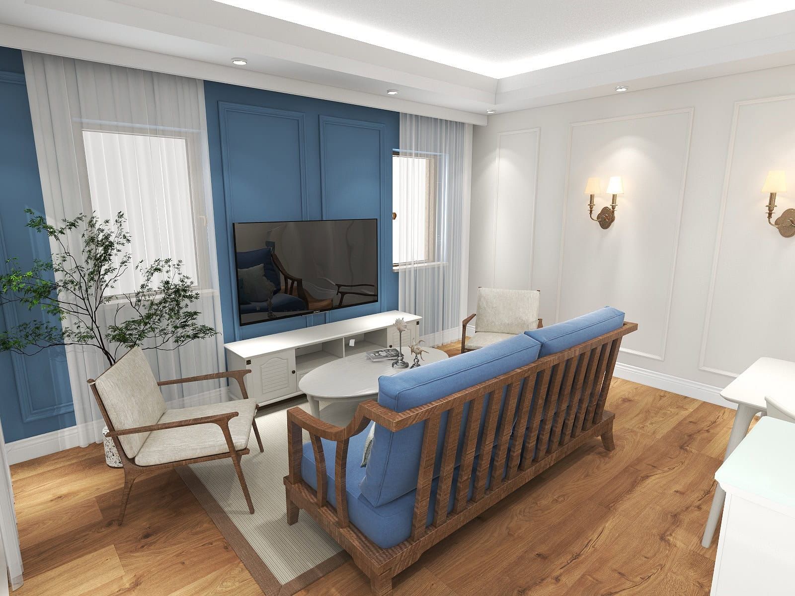 Living room design in the Risan residential complex, Montenegro: blue sofa, wooden furniture, wall moldings, and a light interior.
