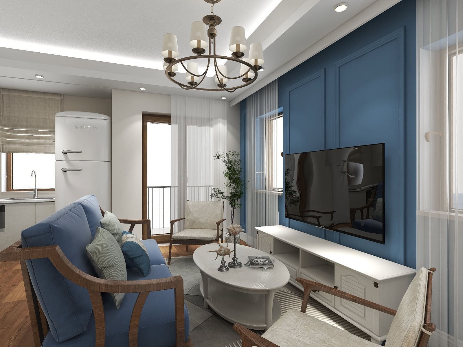 Living room interior in the Risan residential complex, Montenegro: blue walls, classic furniture, a vintage Smeg refrigerator, and a TV area.