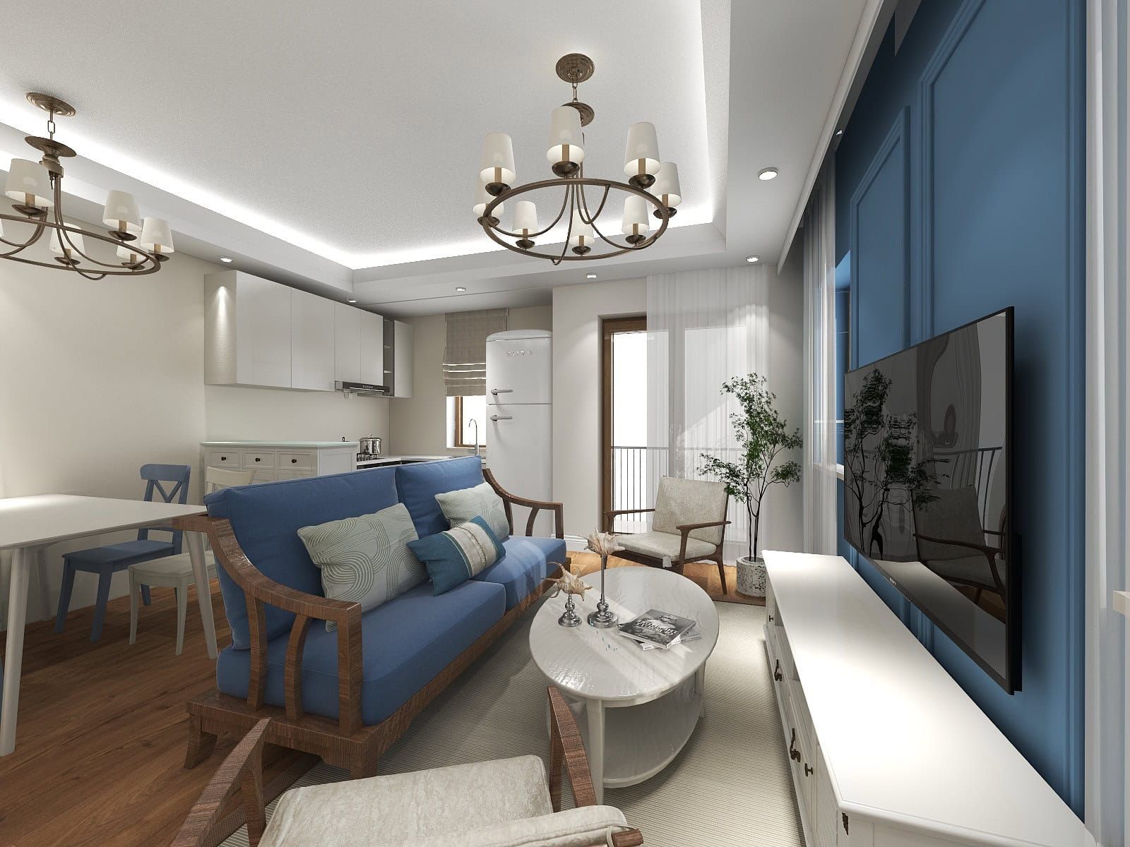 Modern living room with a blue sofa and kitchen in a residential complex in Risan, Montenegro: stylish interior with access to the balcony.
