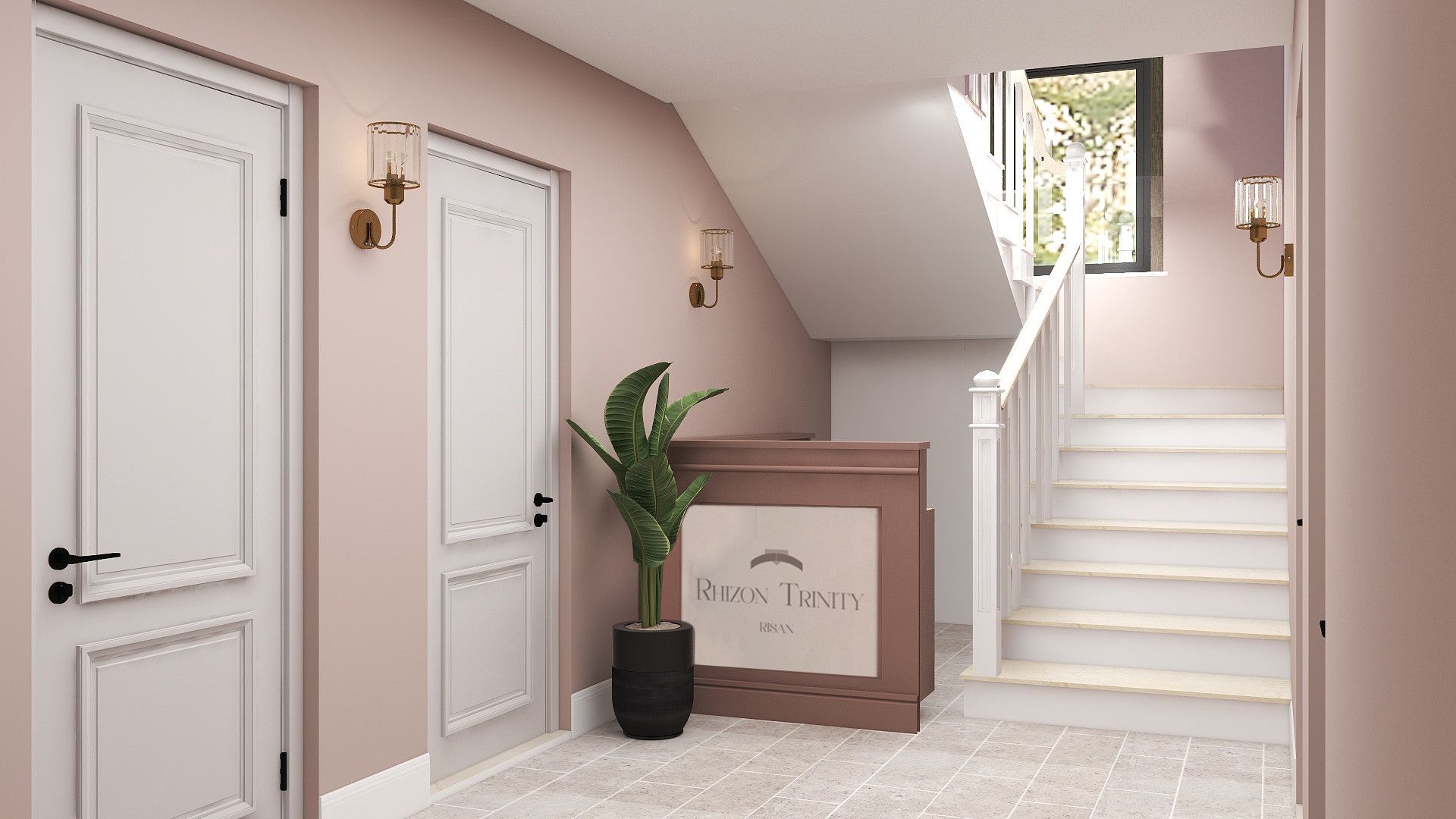 Lobby interior with reception and staircase in Rhizon Trinity residential complex, Risan, Montenegro: stylish finishes and modern design.