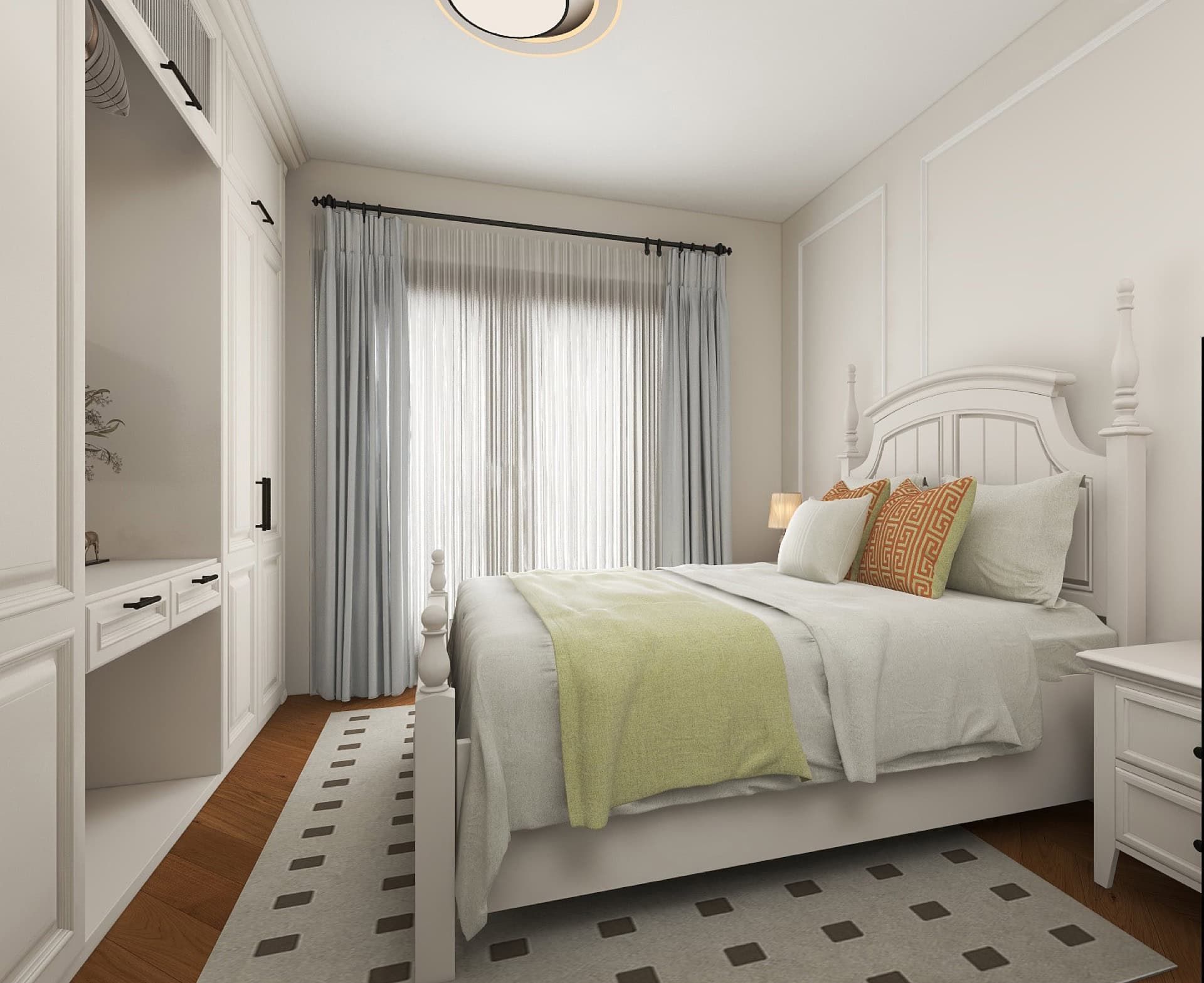 Bright bedroom with white furniture and a built-in wardrobe in a residential complex in Risan, Montenegro. Modern interior.