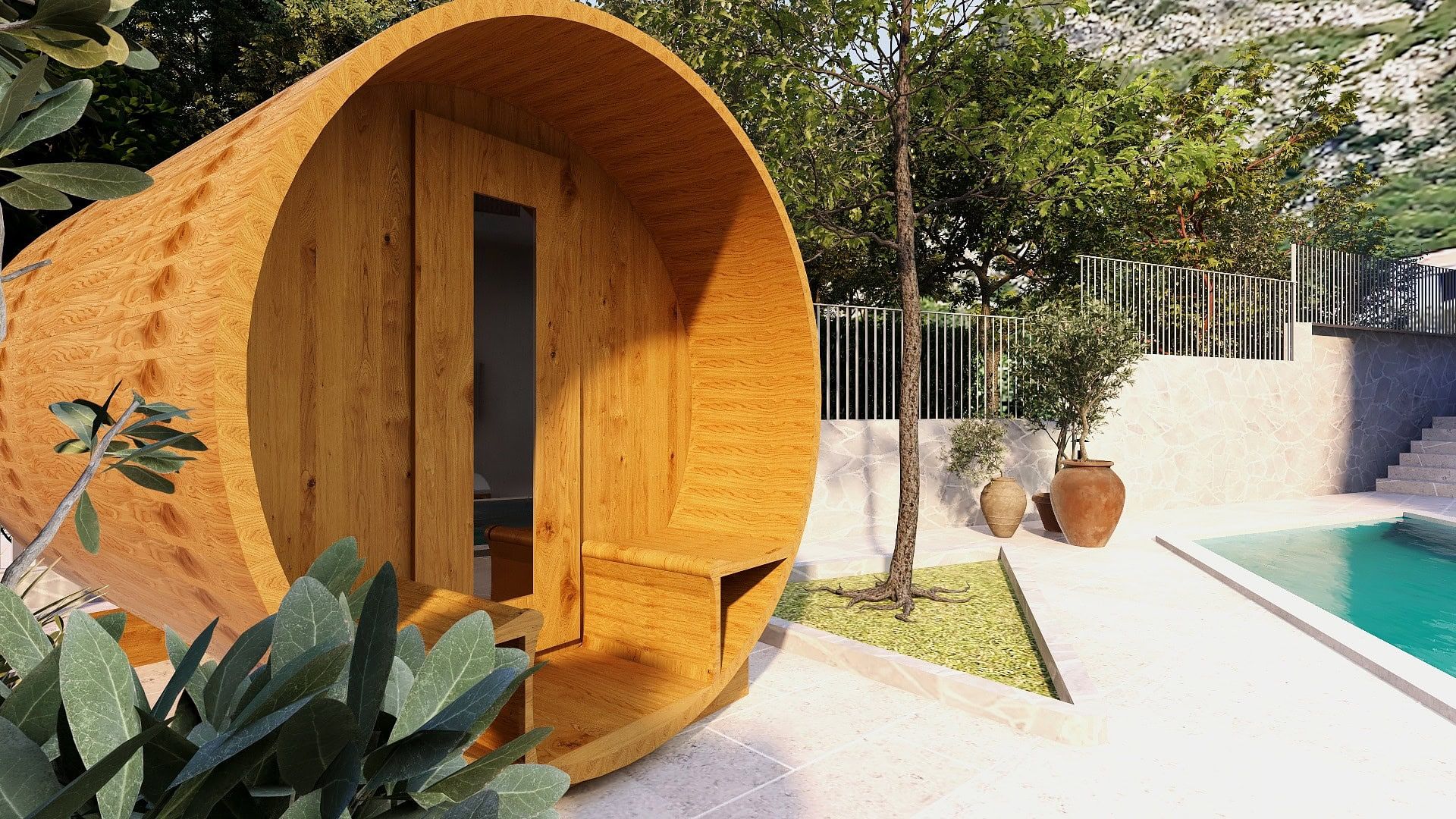 Round wooden sauna by the pool in a residential complex in Risan, Montenegro, with landscaping and a terrace.