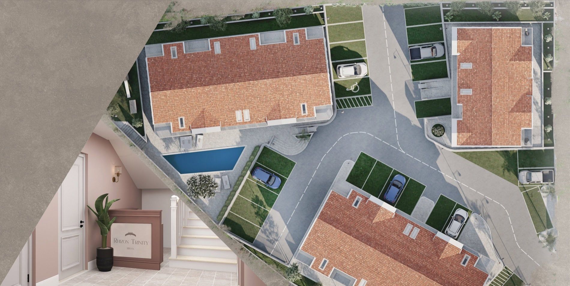 Aerial view of the Rhizon Trinity residential complex in Risan, Montenegro: houses with tiled roofs, a swimming pool, and parking.