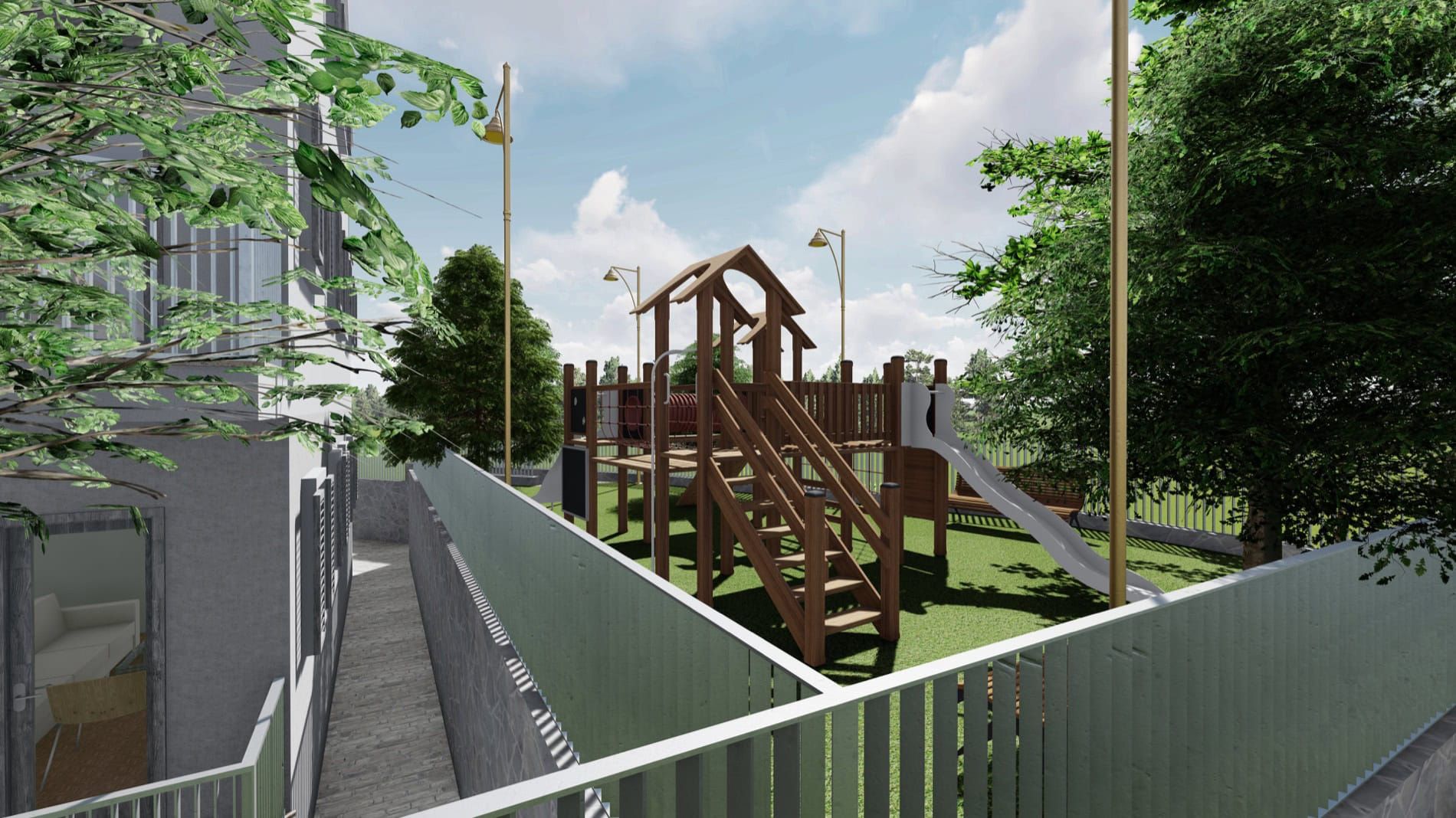 Children's playground with a wooden play structure in the courtyard of a residential complex in Risan, Montenegro.