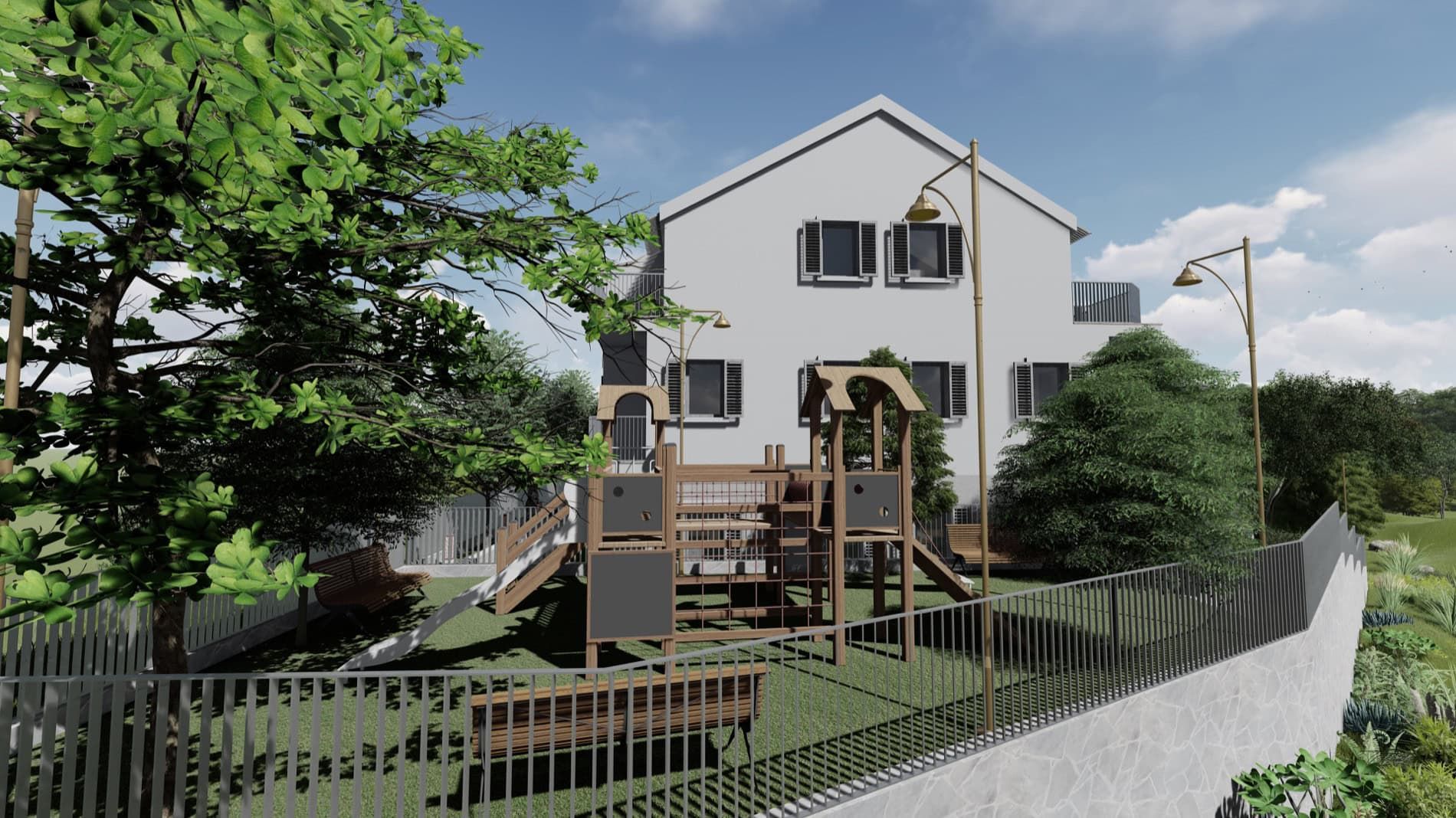 Residential complex in Risan, Montenegro: a modern building with a landscaped playground and relaxation area.