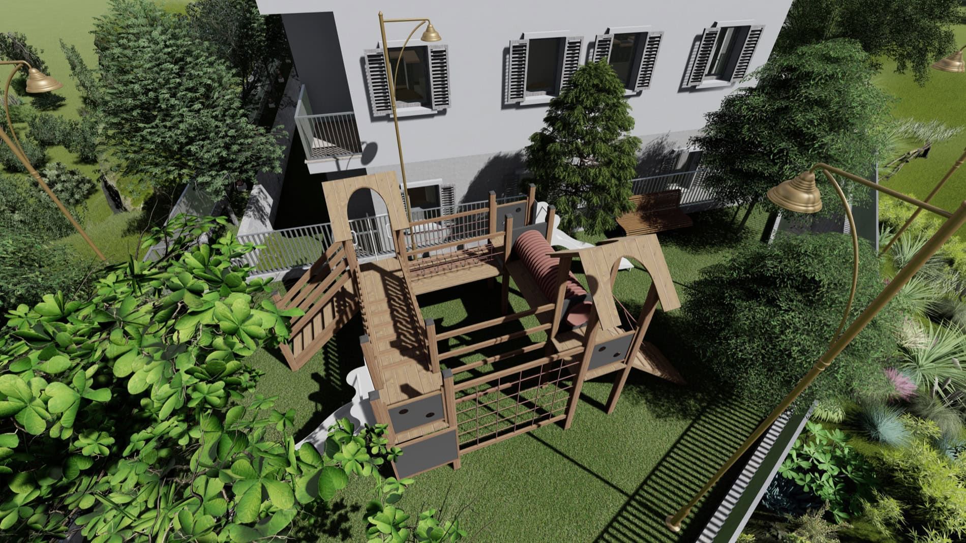 Children's playground with a wooden play structure in the courtyard of a residential complex in Risan, Montenegro, top view.