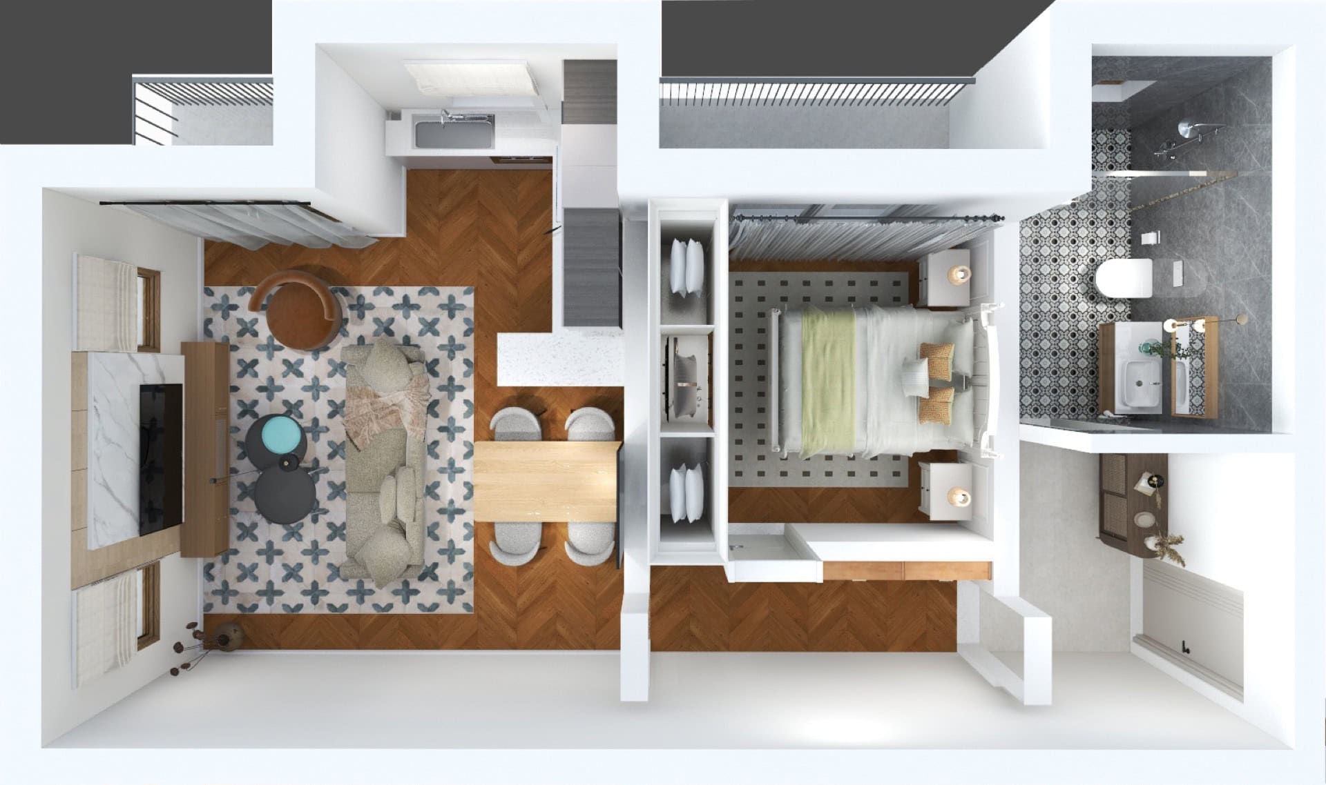 Apartment layout in the Risan residential complex, Montenegro: living room with kitchen, bedroom with wardrobe, and bathroom with tile.