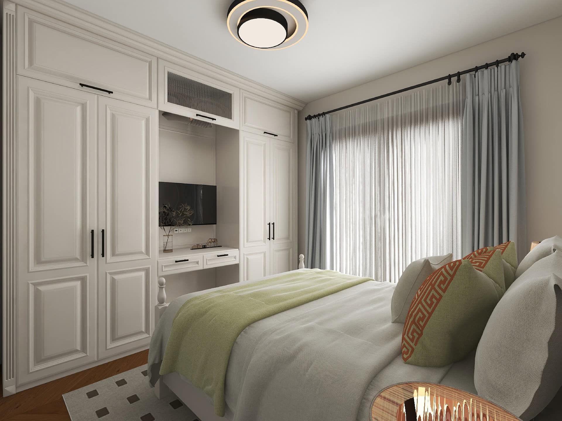 Bedroom in a modern style with a white wardrobe and TV area in the Risan residential complex, Montenegro. Cozy interior with a double bed.