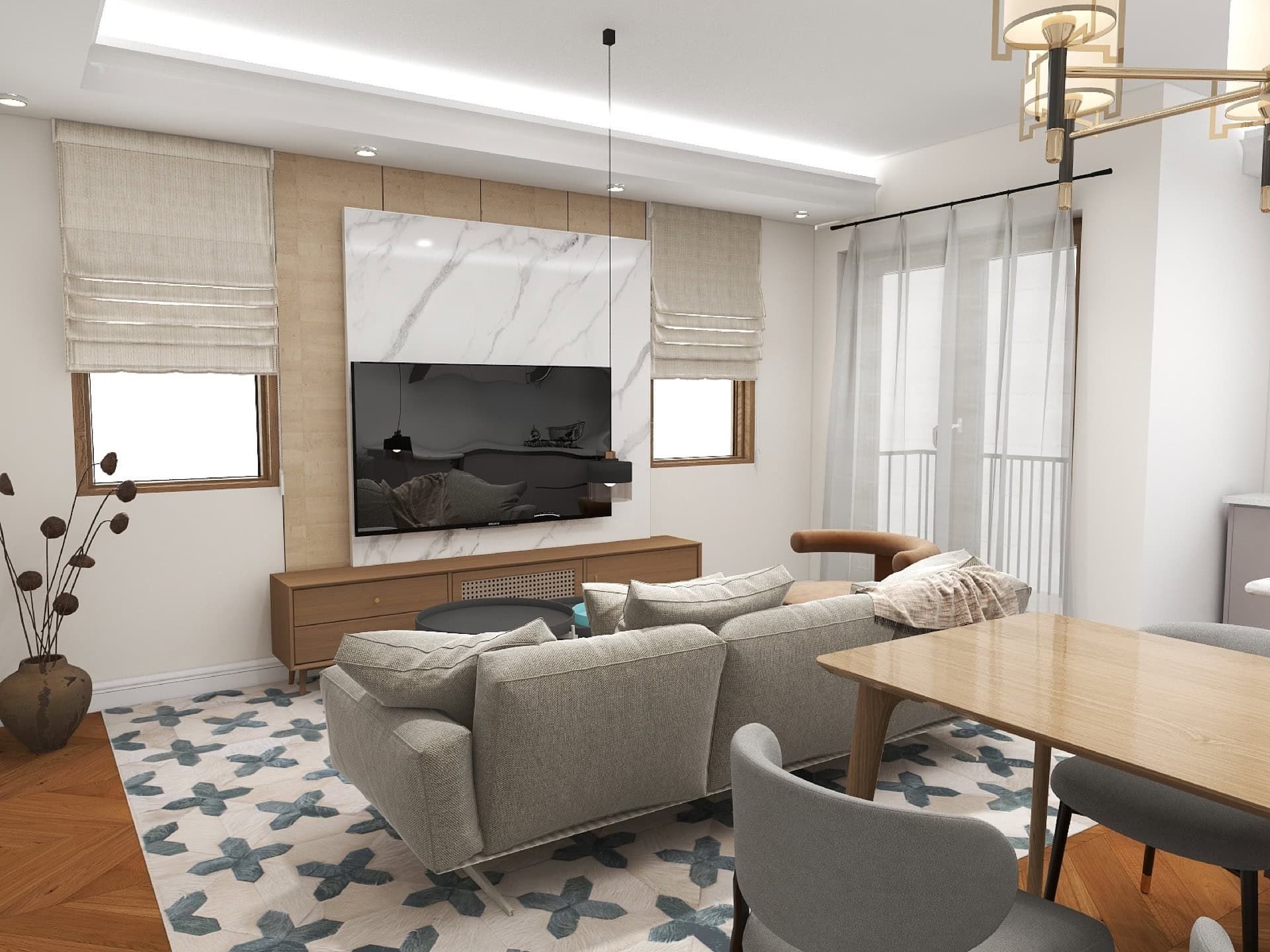 Modern living room with a marble TV area and soft furniture in a residential complex, Risan, Montenegro.